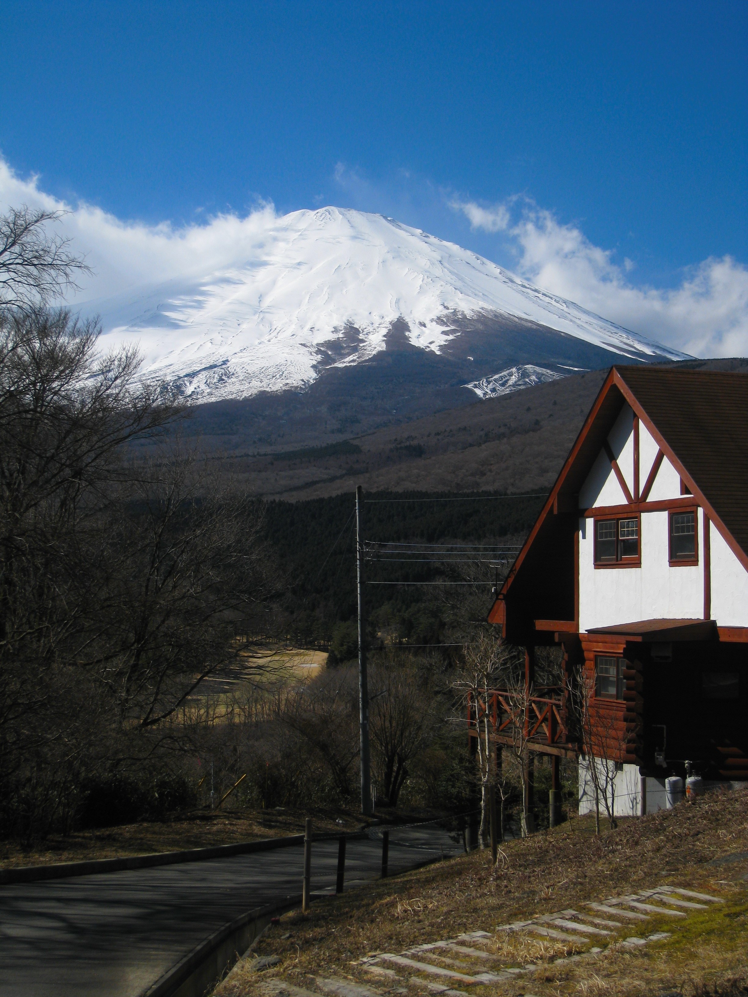 winter, white, cold temperature, tree, building exterior, 2K, snowcapped mountain, cloud, outdoors, blue sky, cloud - sky, no people, gotemba, blue, mt fuji, Phone HD Wallpaper
