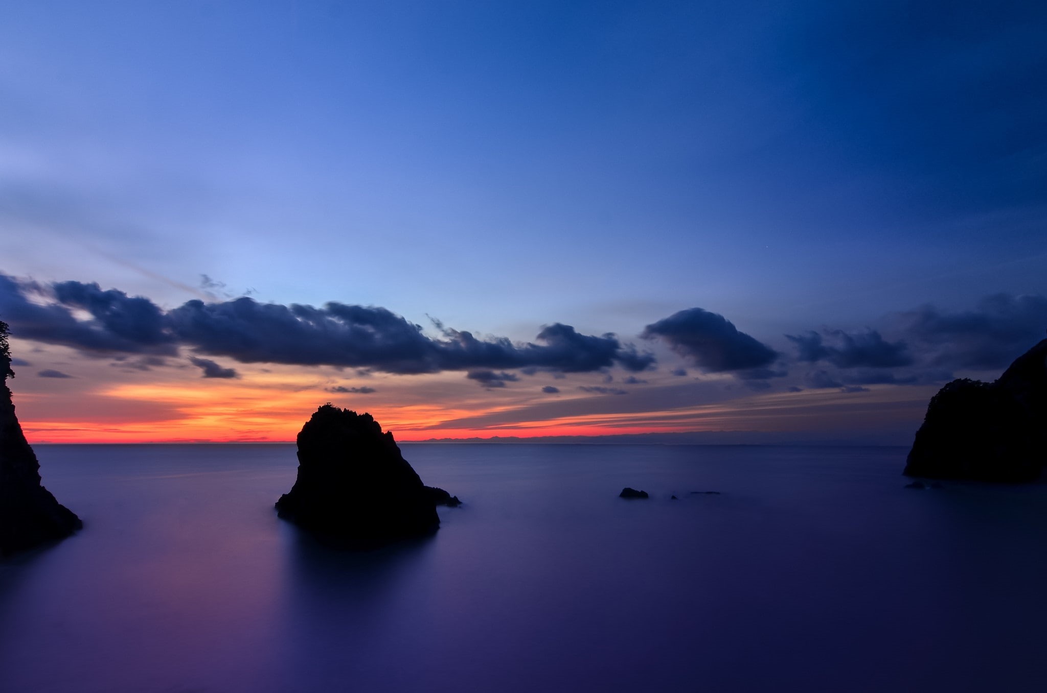 Island, Orange, tranquility, Blue, sea, tranquil scene, no people, Clouds, Calm, cloud - sky, beauty in nature, scenics - nature, Cliffs, Beach, dusk, rock - object, HD Wallpaper