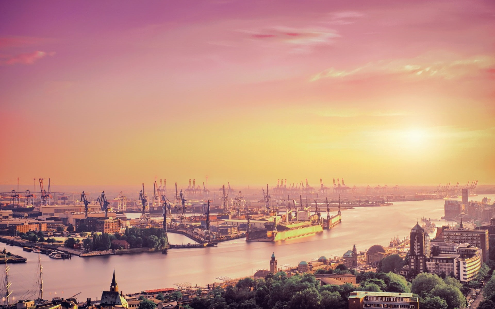 1080P, sunlight, river, Hamburg, Germany, ports, HD Wallpaper