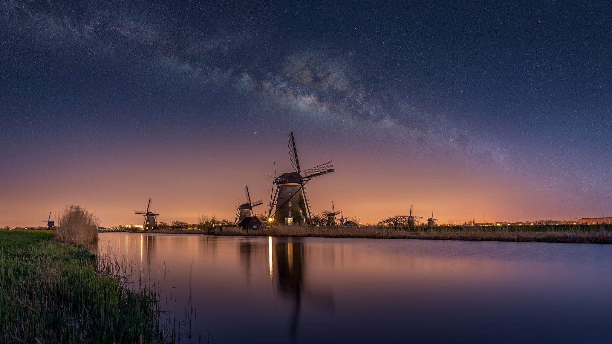 mill, Netherlands, nature, 1080P, Milky Way, HD Wallpaper