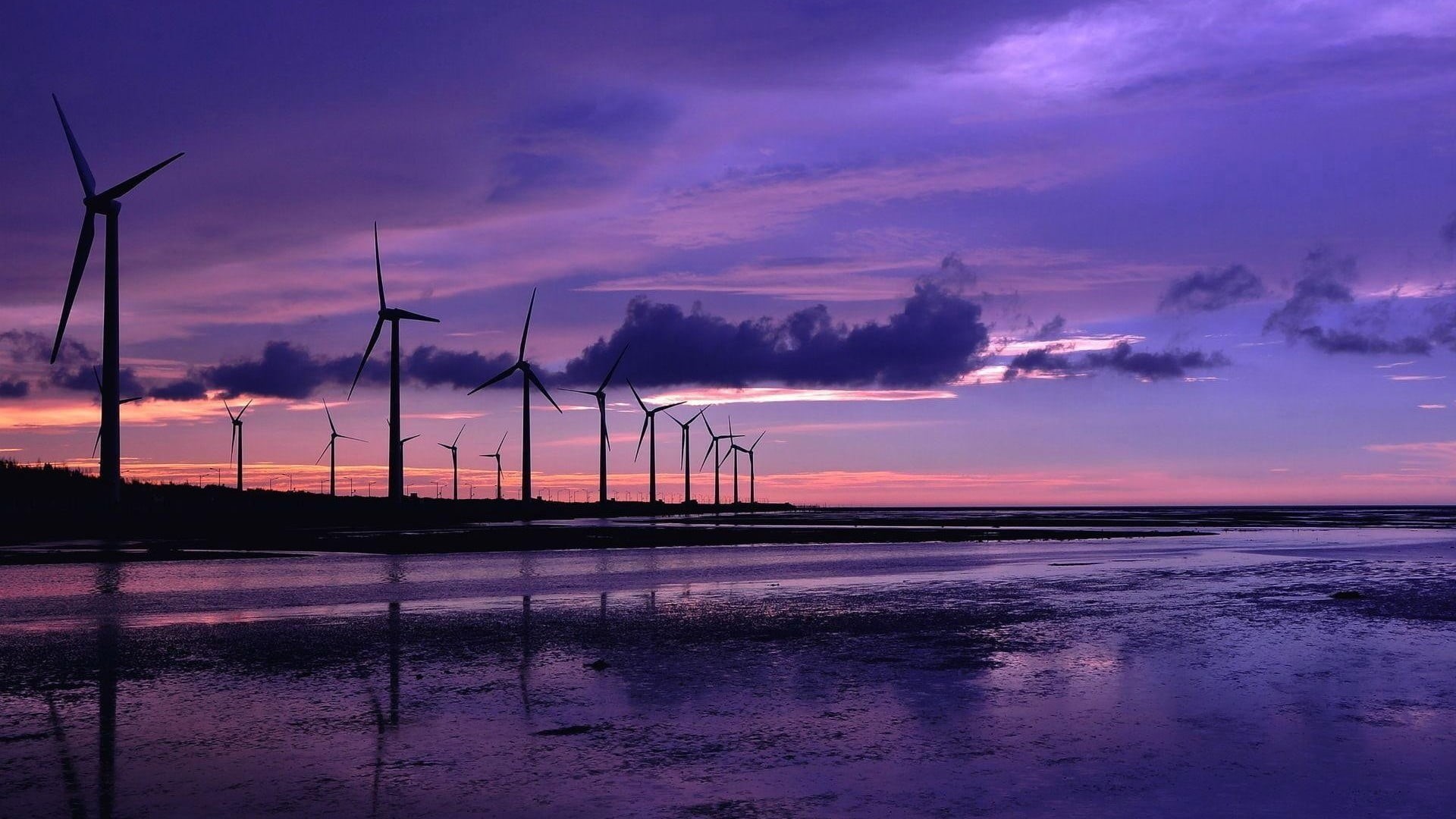 scenics - nature, environmental conservation, body, wind turbine, sky, landscape, fuel and power generation, beach, mills, tranquility, purple, sunset, HD Wallpaper