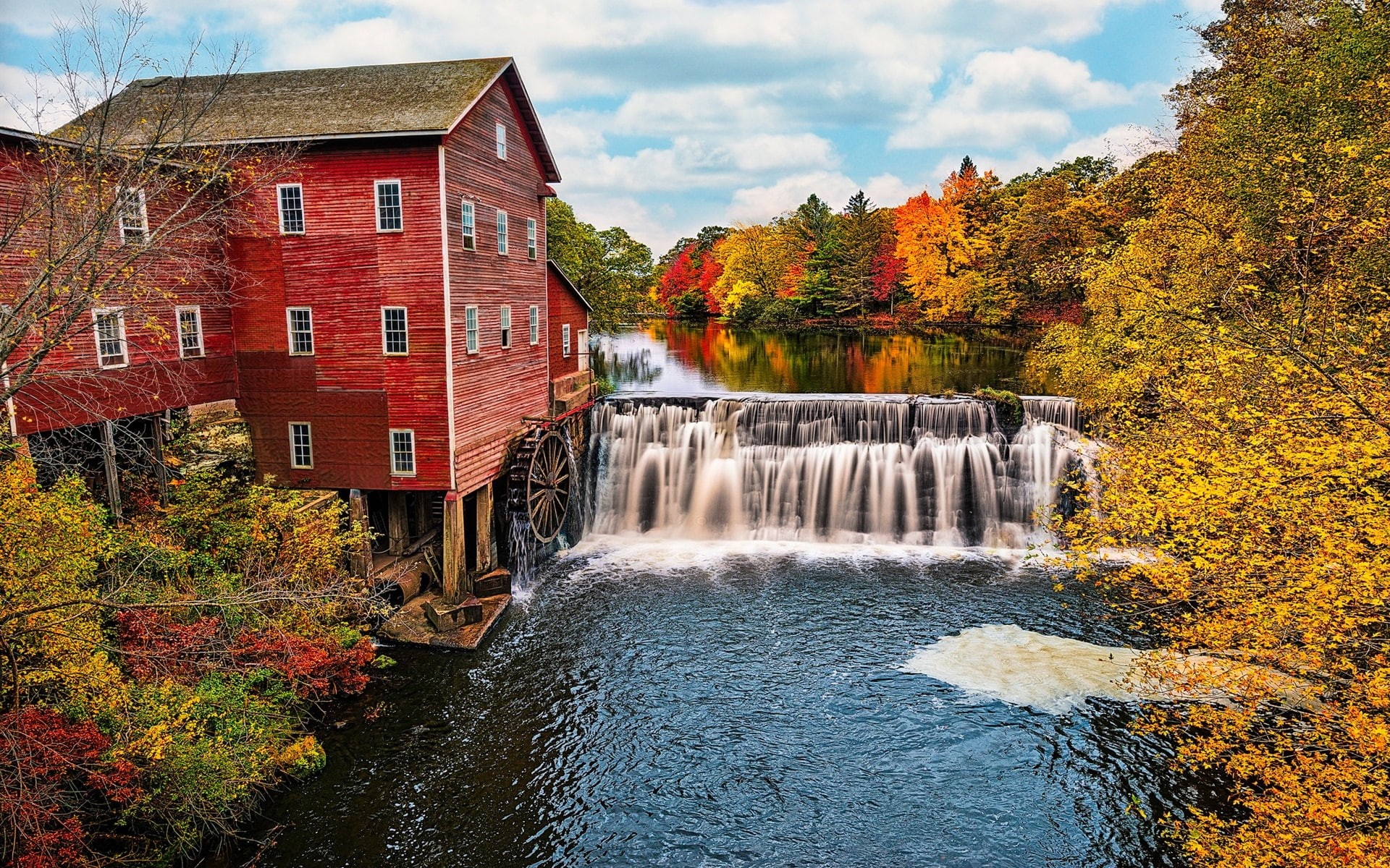 Mill, Trees, 1080P, USA, Wisconsin, Water, Waterfalls, Autumn, River, HD Wallpaper
