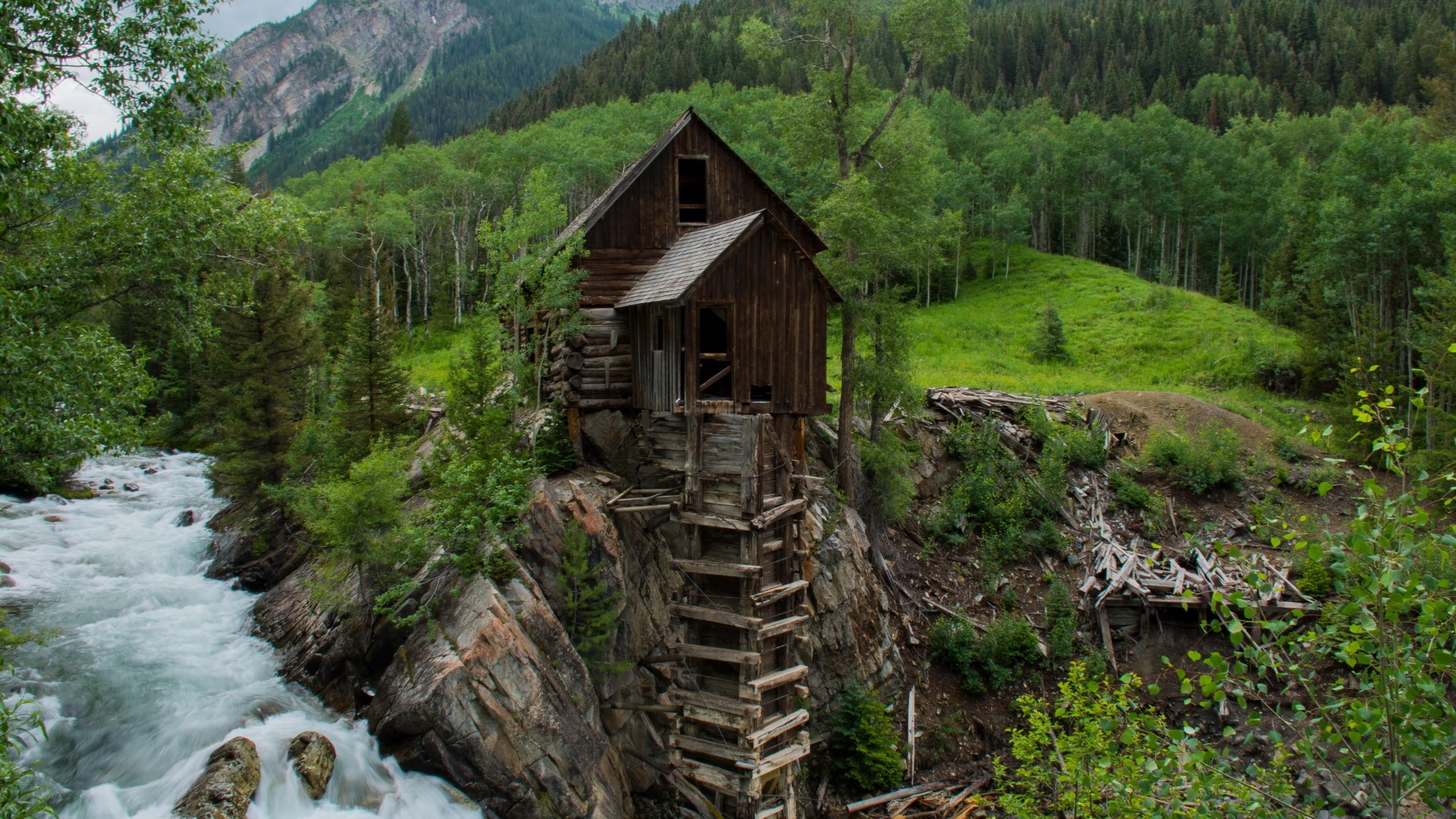 crystal river, wooden, 4K, old, rocky, forest, crystal mill, mountain, nature, colorado, rock, old mill, united states, creek, cottage, powerhouse, usa, HD Wallpaper