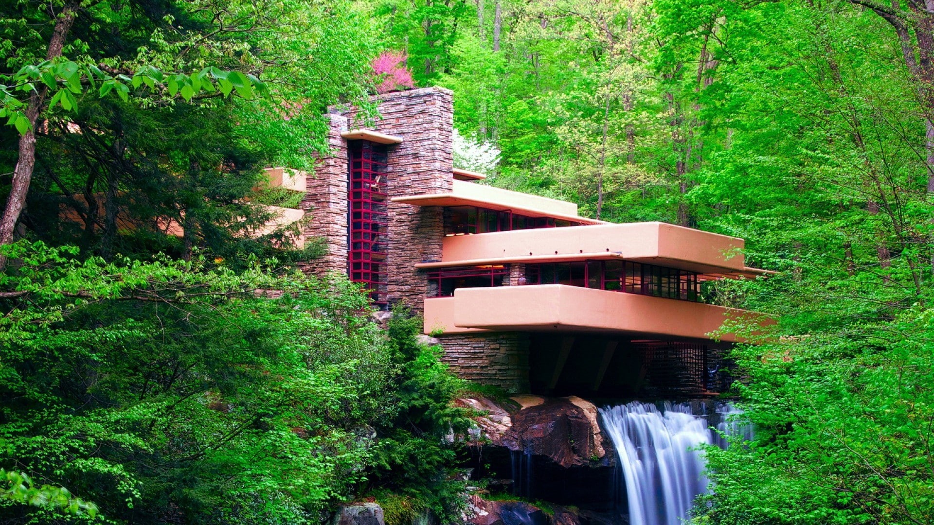 Pennsylvania, modern, Frank Lloyd Wright, 1080P, architecture, waterfall, Falling Water, forest, USA, landscape, trees, long exposure, leaves, house, rock, HD Wallpaper