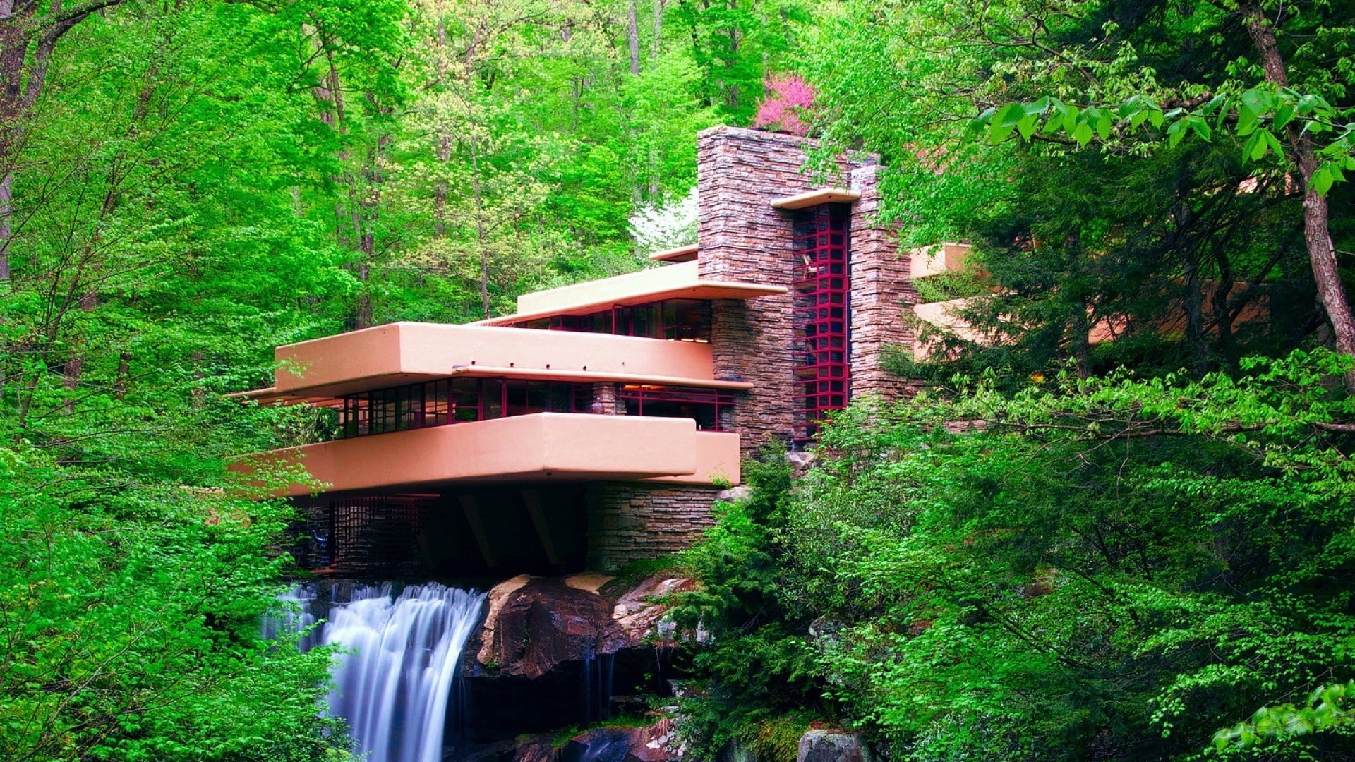 bridge, outdoors, architecture, nature landscape waterfall long exposure frank lloyd wright trees forest falling water architecture house pennsylvania usa leaves modern rock, HD Wallpaper