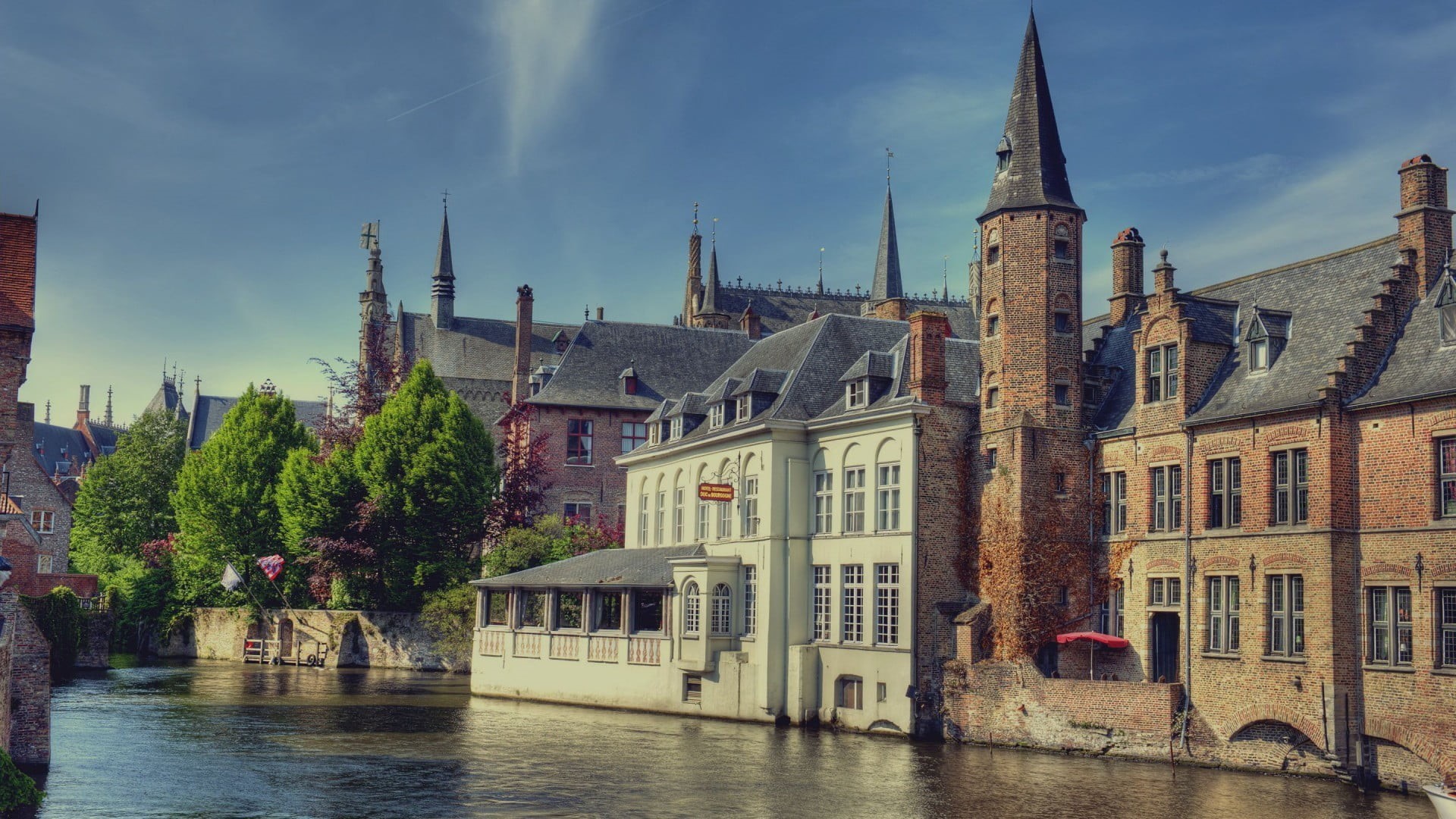 building, old building, sky, painting, architecture, Belgium, 1080P, beside, outdoors, lake, city, plant, religion, day, ancient, house, trees, travel destinations, HD Wallpaper