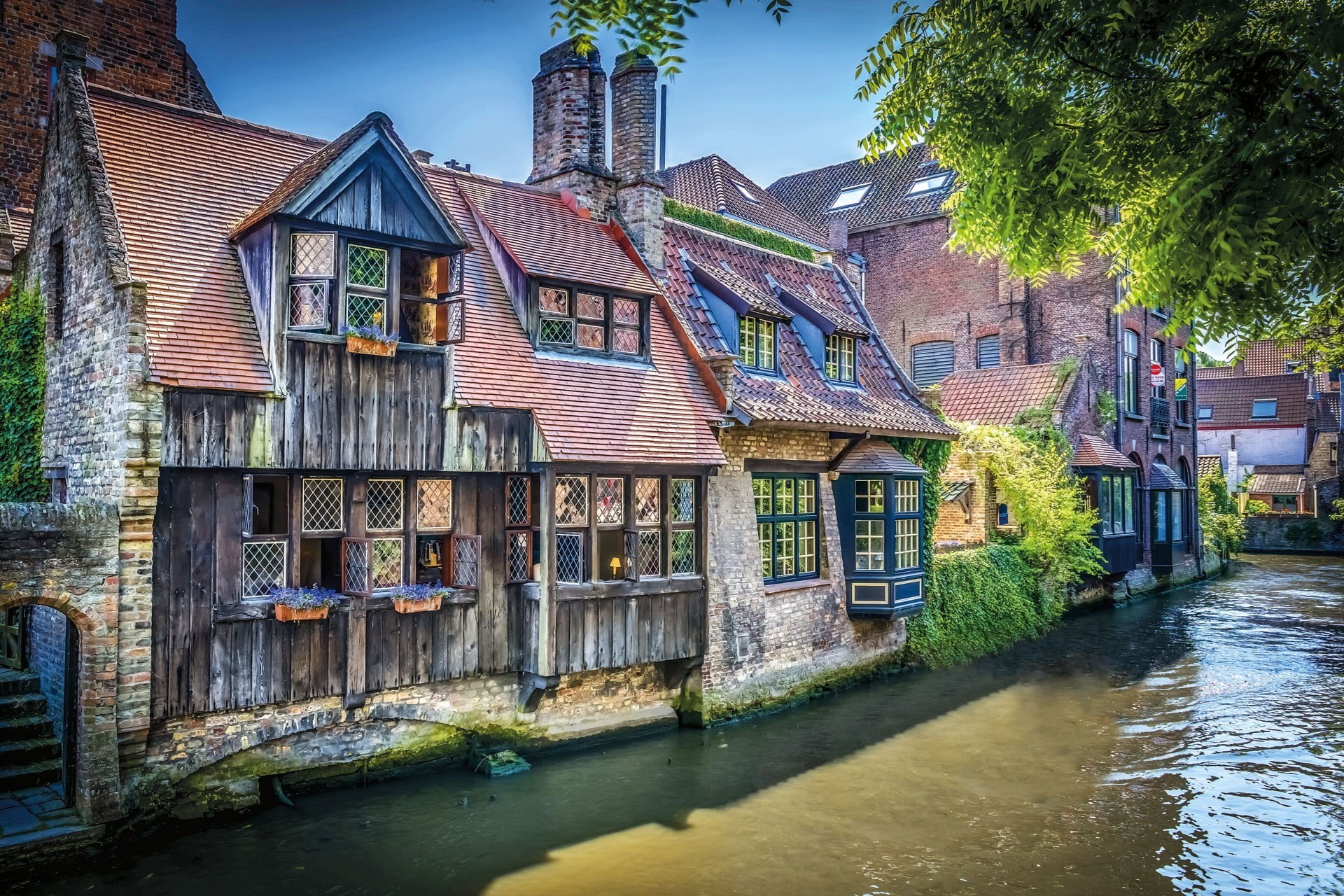 leaves, Bruges, brown, building exterior, 1080P, tower, bricks, waterfront, day, residential district, town, city, built structure, no people, water, wood planks, HD Wallpaper