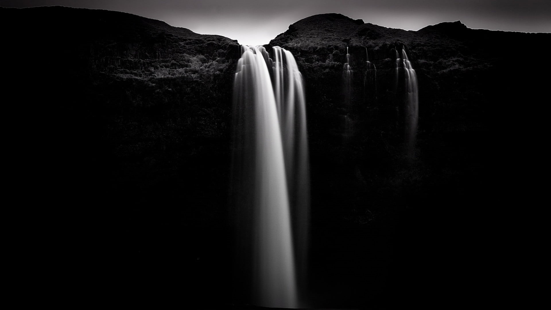 black background, 1080P, waterfall, rocks, water, no people, waterfalls, long exposure, motion, dark, nature, copy space, land, outdoors, travel, near, HD Wallpaper
