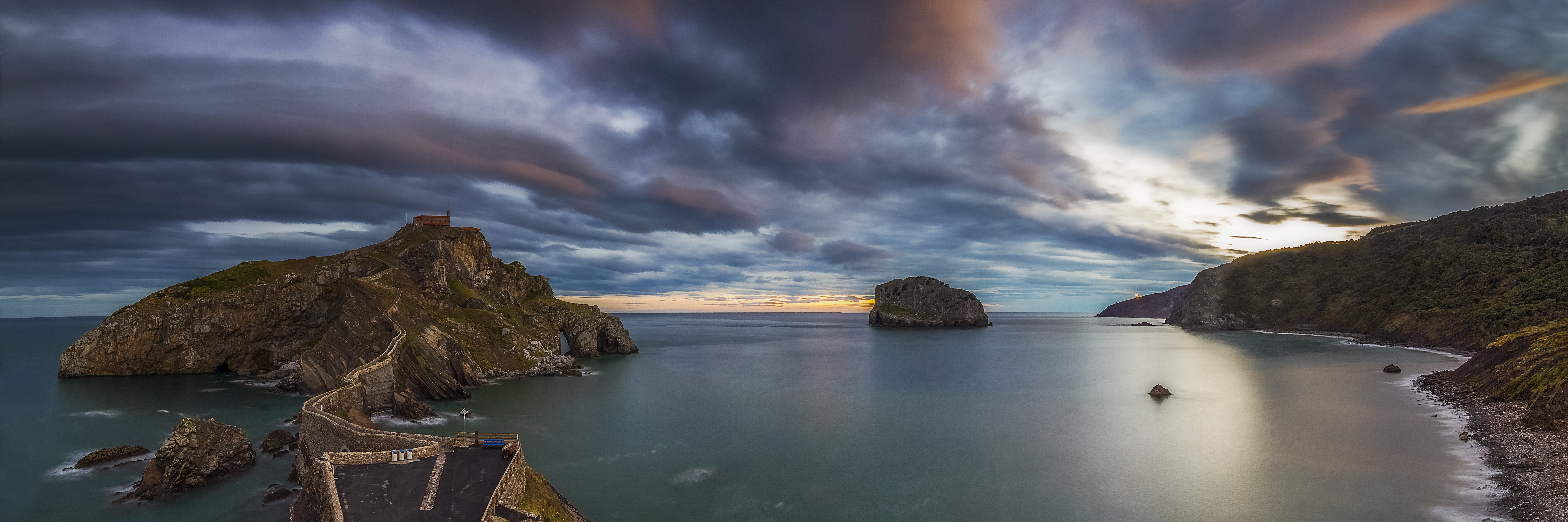 photography, panoramic, 8K, coastline, nature, panoramic photography, seascape, mountain, landscape, panorama, Spain, sunrise, sunset, Dawn, water, summer, HD Wallpaper