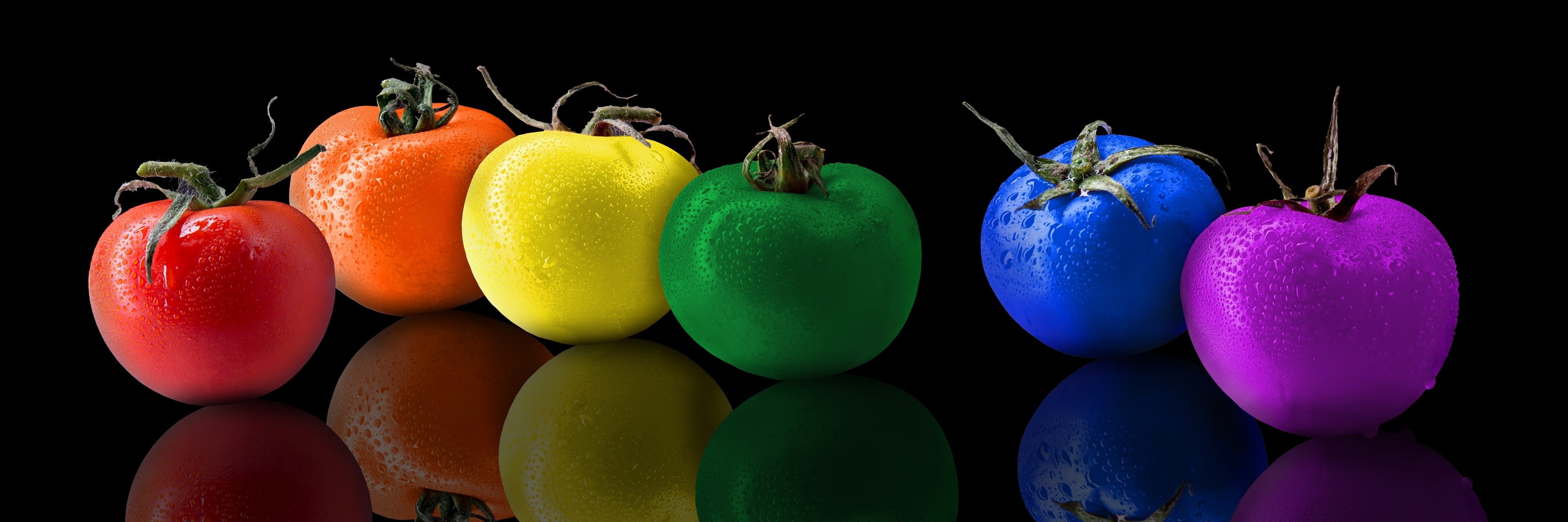panoramic, green color, tomato, studio shot, 4K, rainbow, no people, celebration, colorful, assorted, color, fruit, wellbeing, rainbows, group of objects, HD Wallpaper