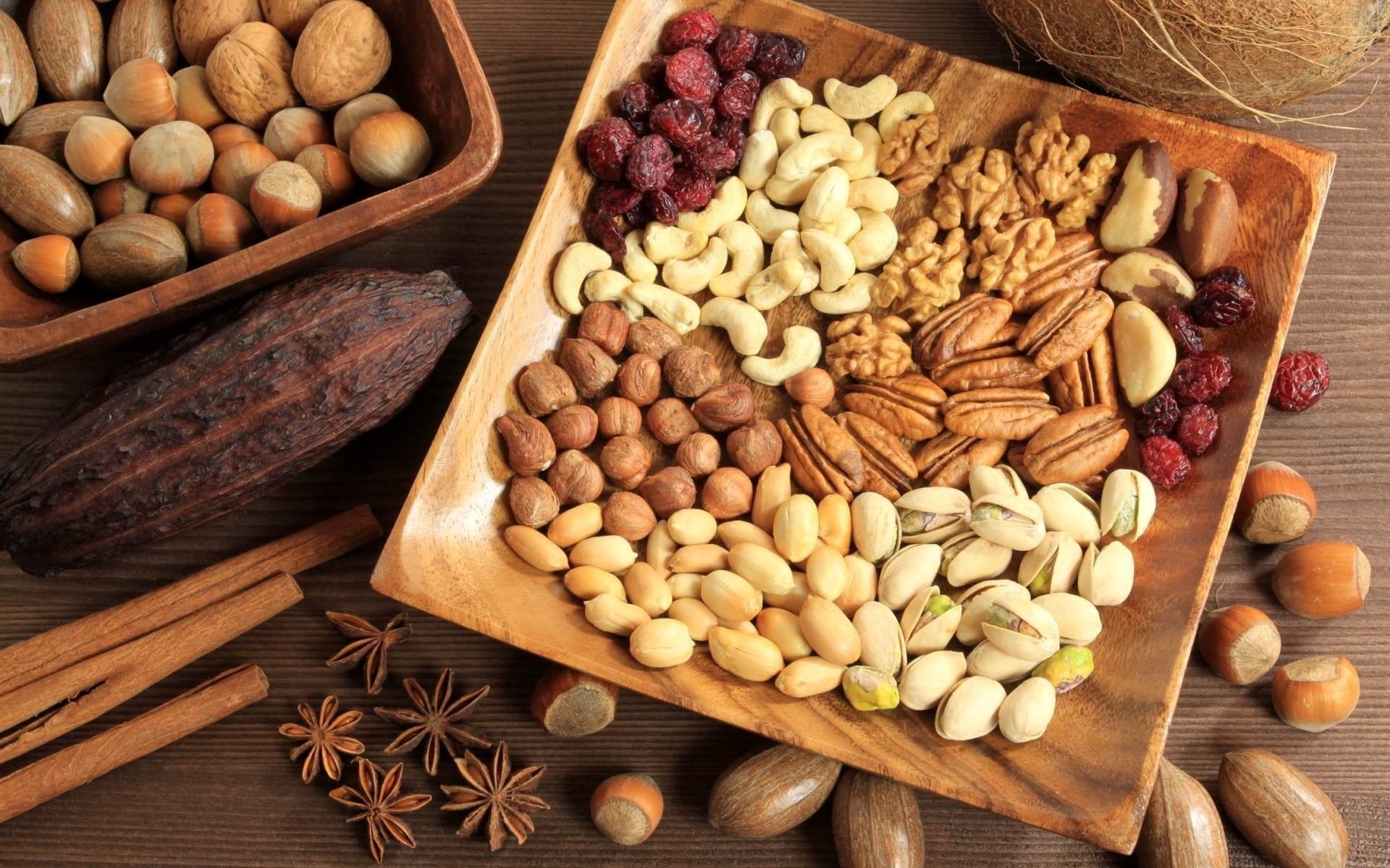 food, vegetarian Food, nut - Food, lot, wooden spoon, choice, ingredient, wellbeing, heap, still life, nuts, pistachio, bowl, brown, variation, snack, table, HD Wallpaper