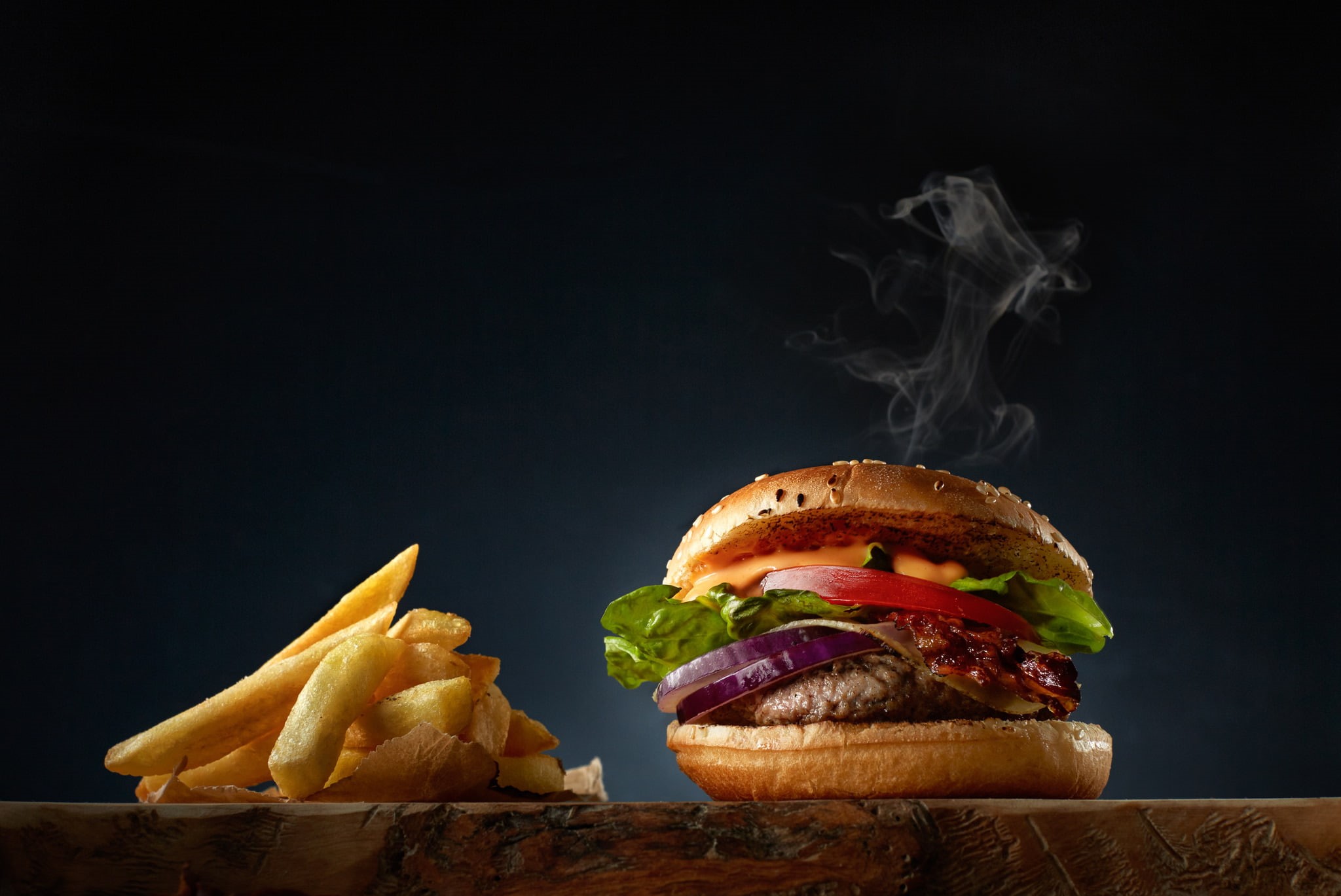 meat, French fries, salad, Burger, 1080P, HD Wallpaper