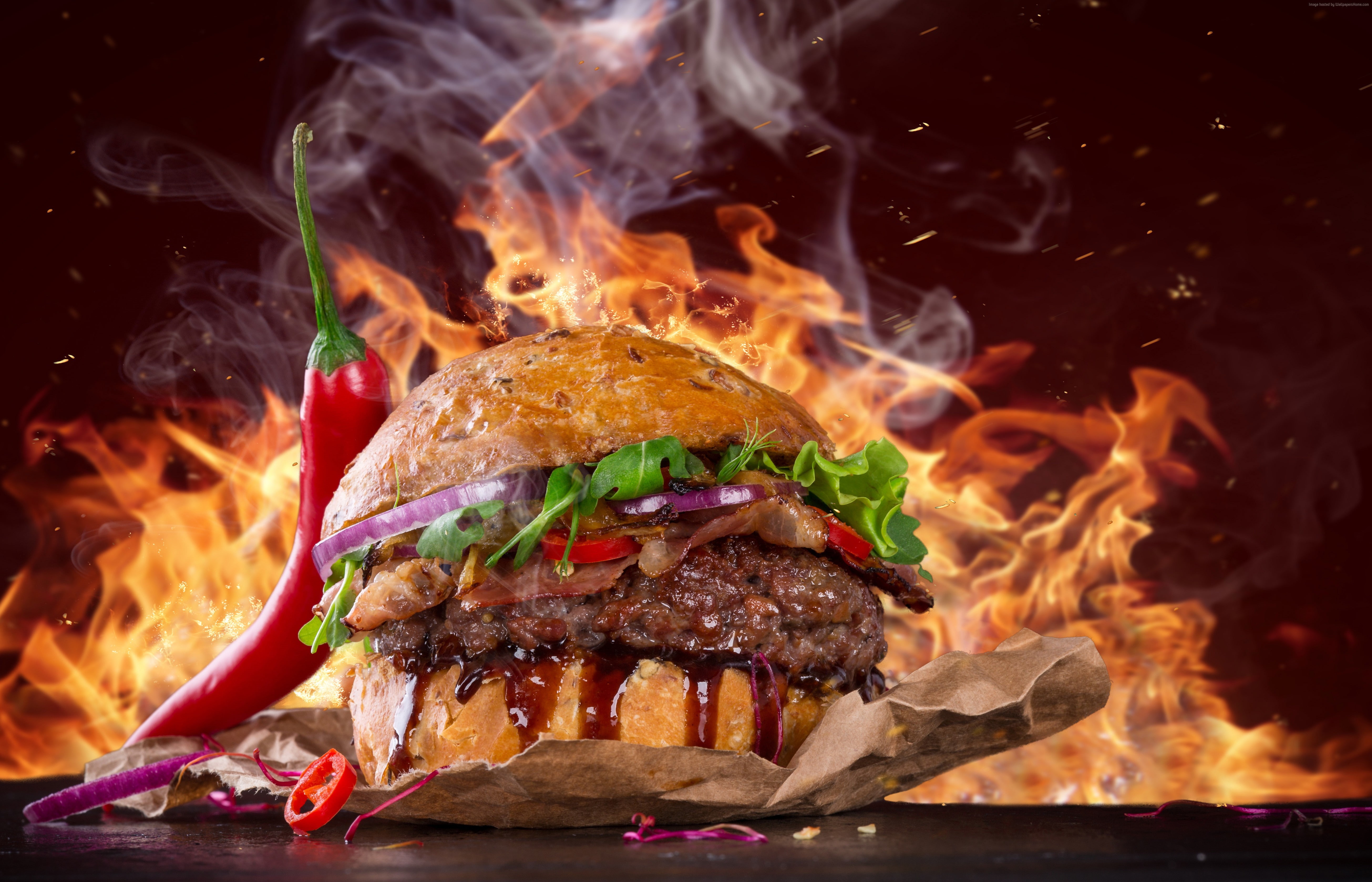 5K, fire, fast food, burger, pepper, steak, 5K, HD Wallpaper