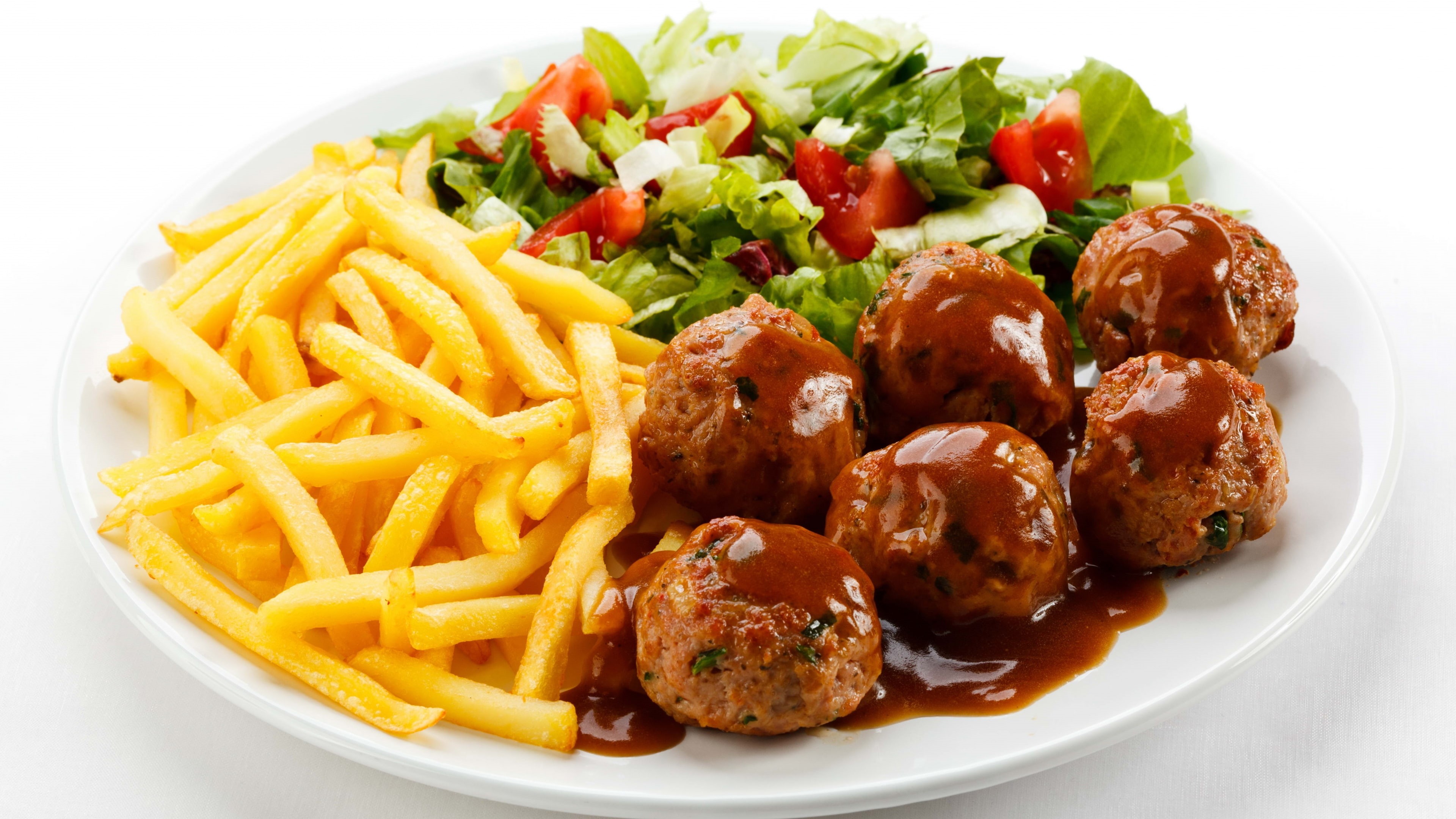 salad, food, 4K, Fries, meat, HD Wallpaper