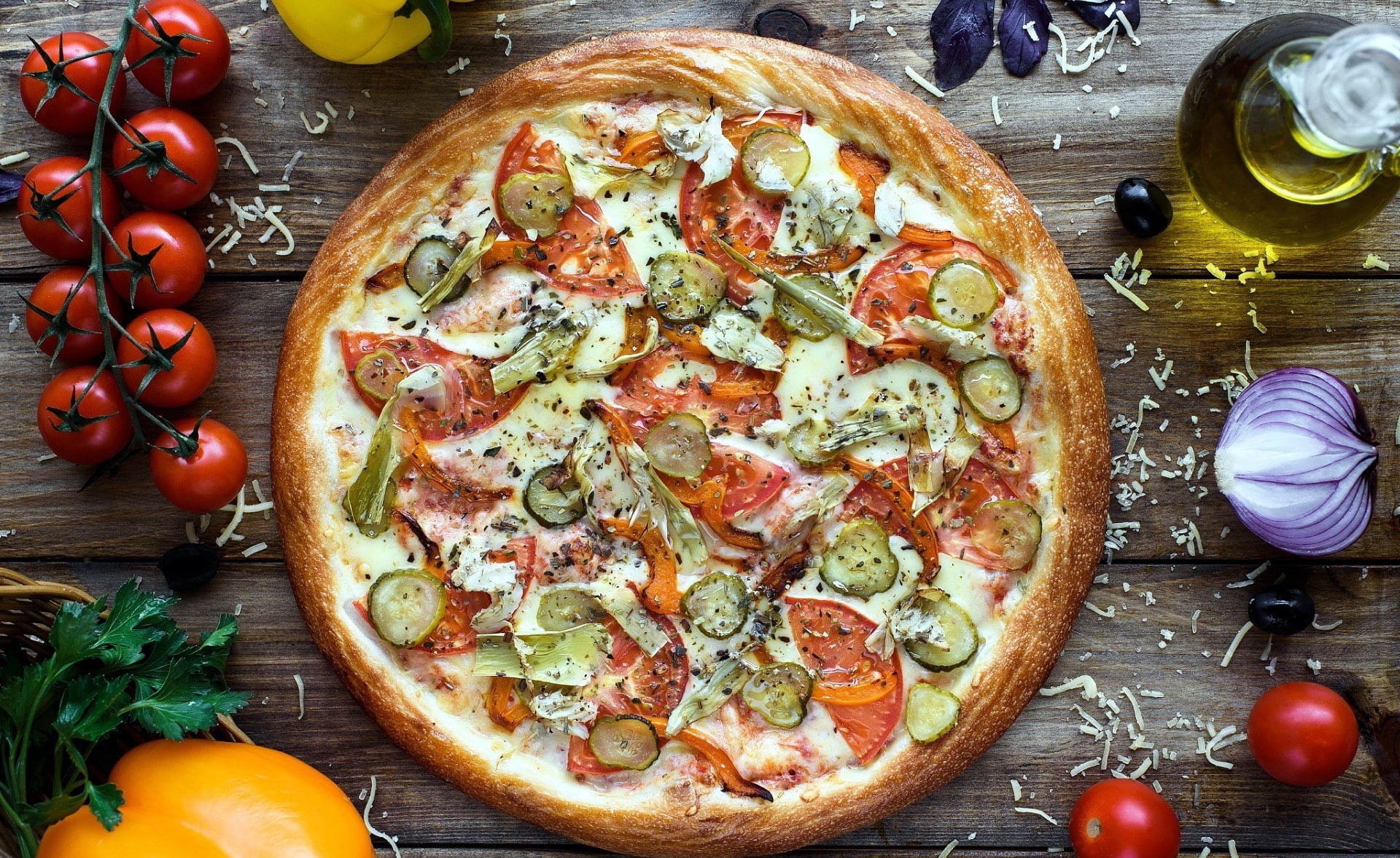 vegetables, tomatoes, pizza, Onions, food, 1080P, HD Wallpaper