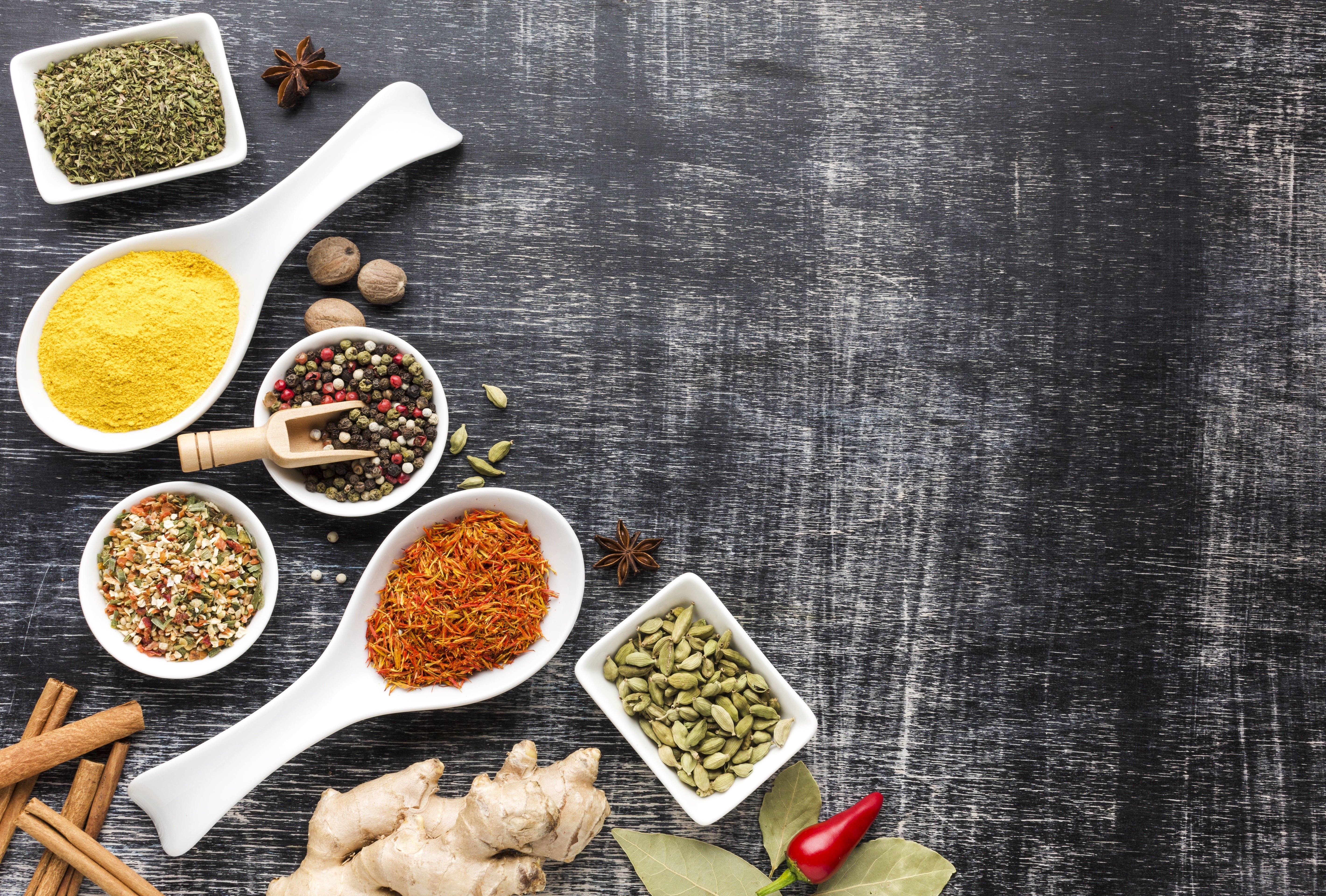 5K, spices, cinnamon, paprika, pepper, ginger, nuts, spoon, HD Wallpaper