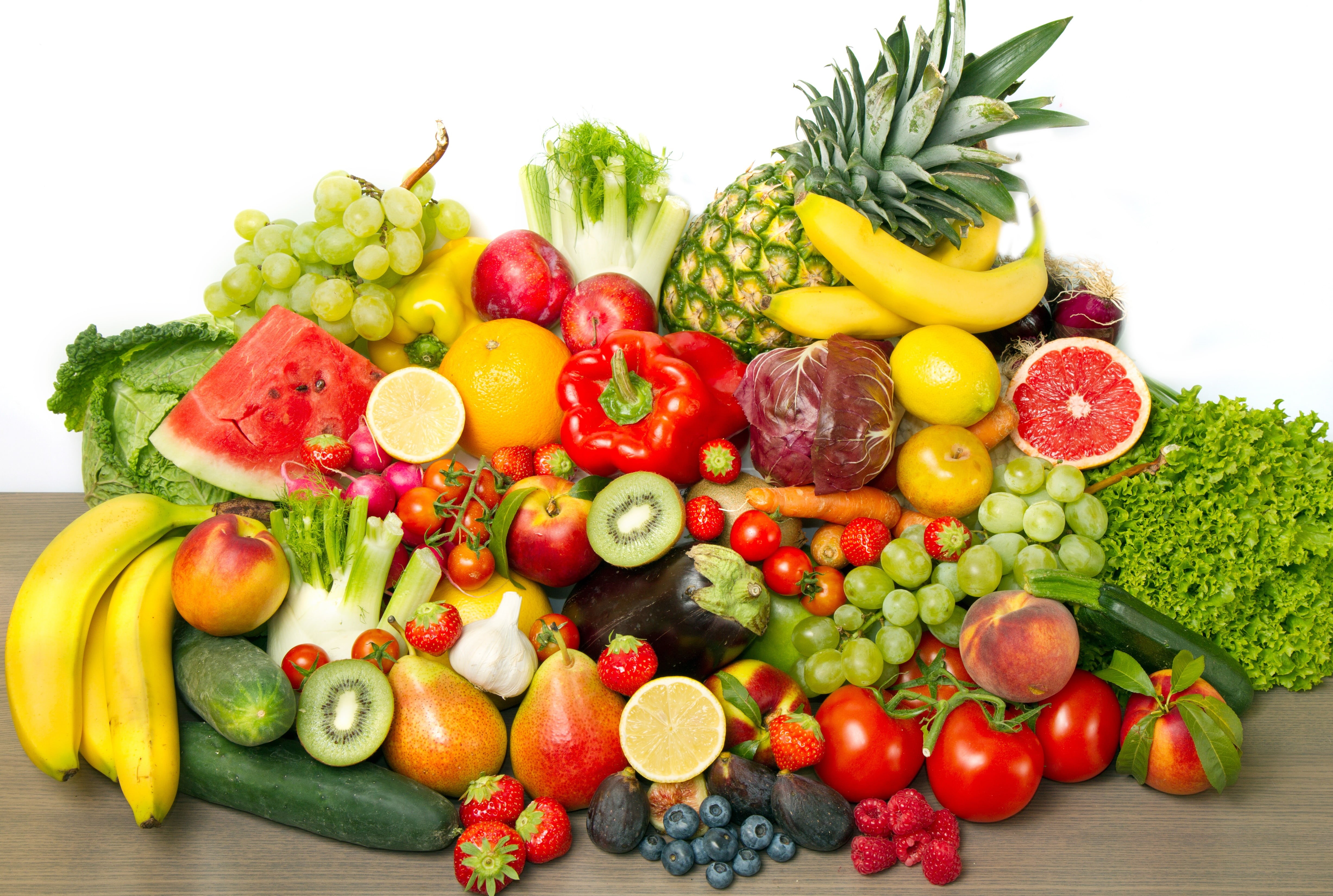 watermelon, raspberry, cabbage, pepper, strawberry, grapes, pear, pineapple, berries, cucumbers, tomatoes, lemon, carrots, kiwi, 4K, fruit, vegetables, HD Wallpaper