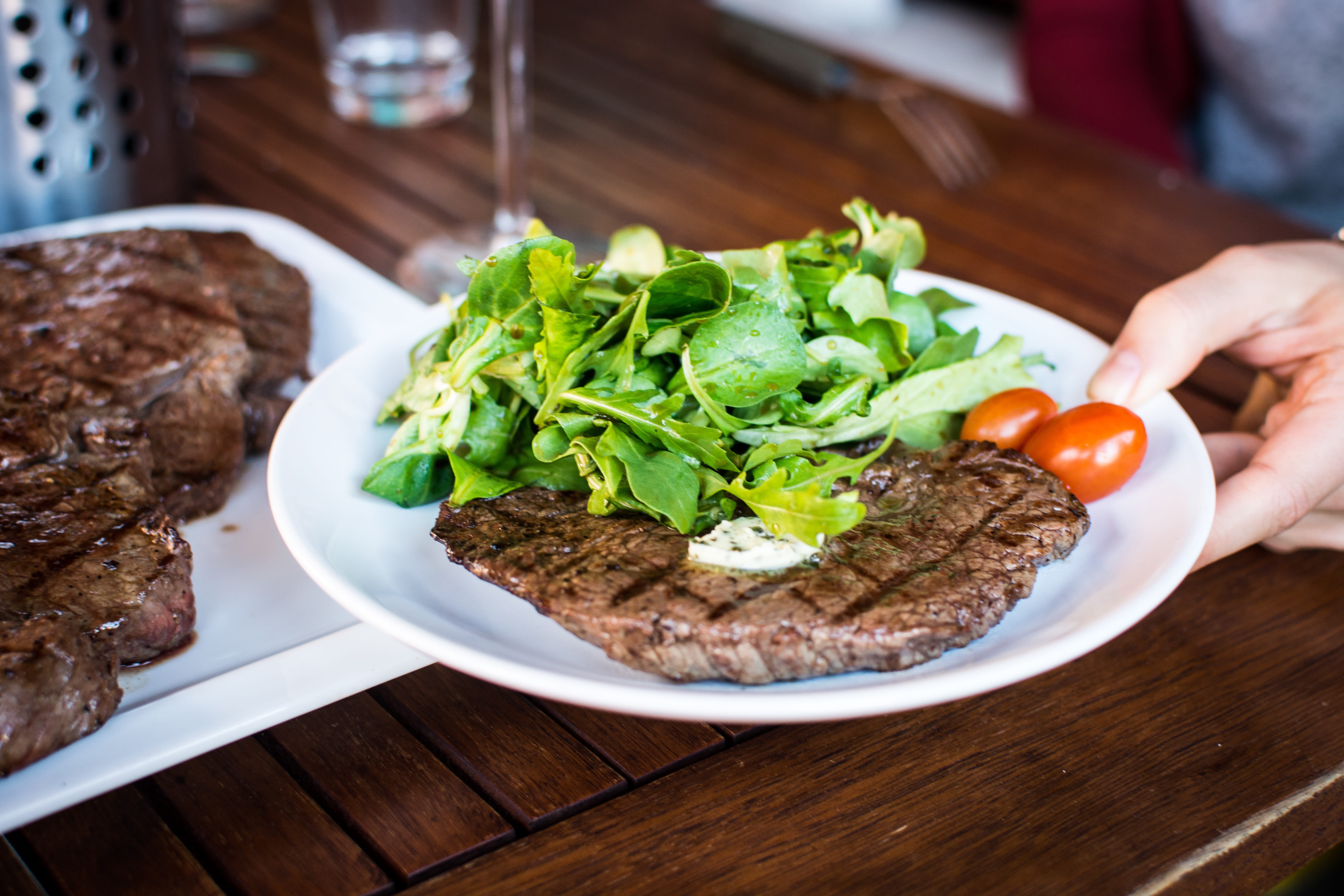 hands, gourmet, food, healthy eating, no People, human hand, meal, unrecognizable person, lunch, grilled, greens, steak, close-up, plate, ready-to-eat, HD Wallpaper