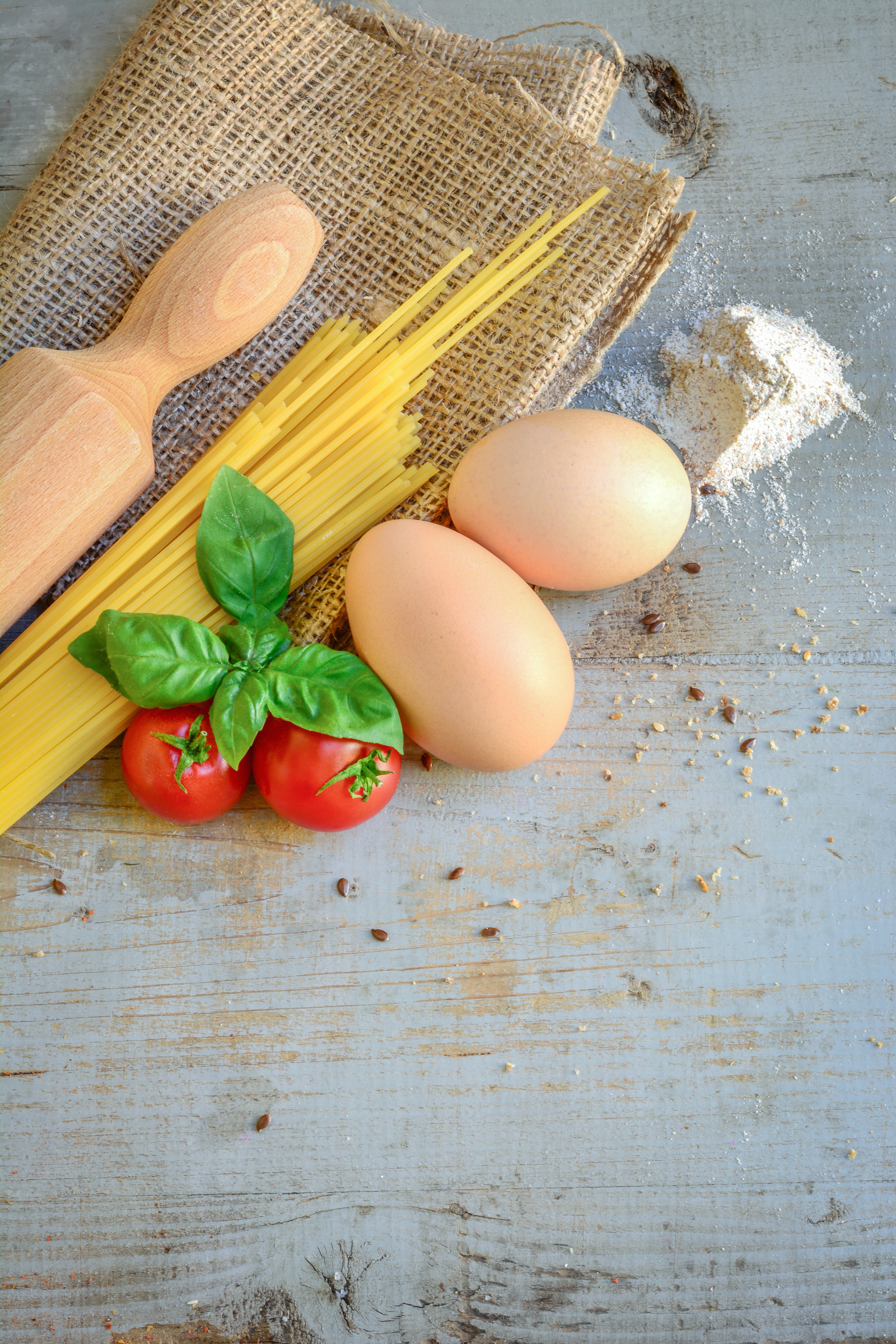 gray, meal, pepper, taste, food, table, beige, tomatoes, menu, diet, spice, vegetarian, cooking, no people, wooden, basil, organic, fruit, vegetable, egg, Phone HD Wallpaper