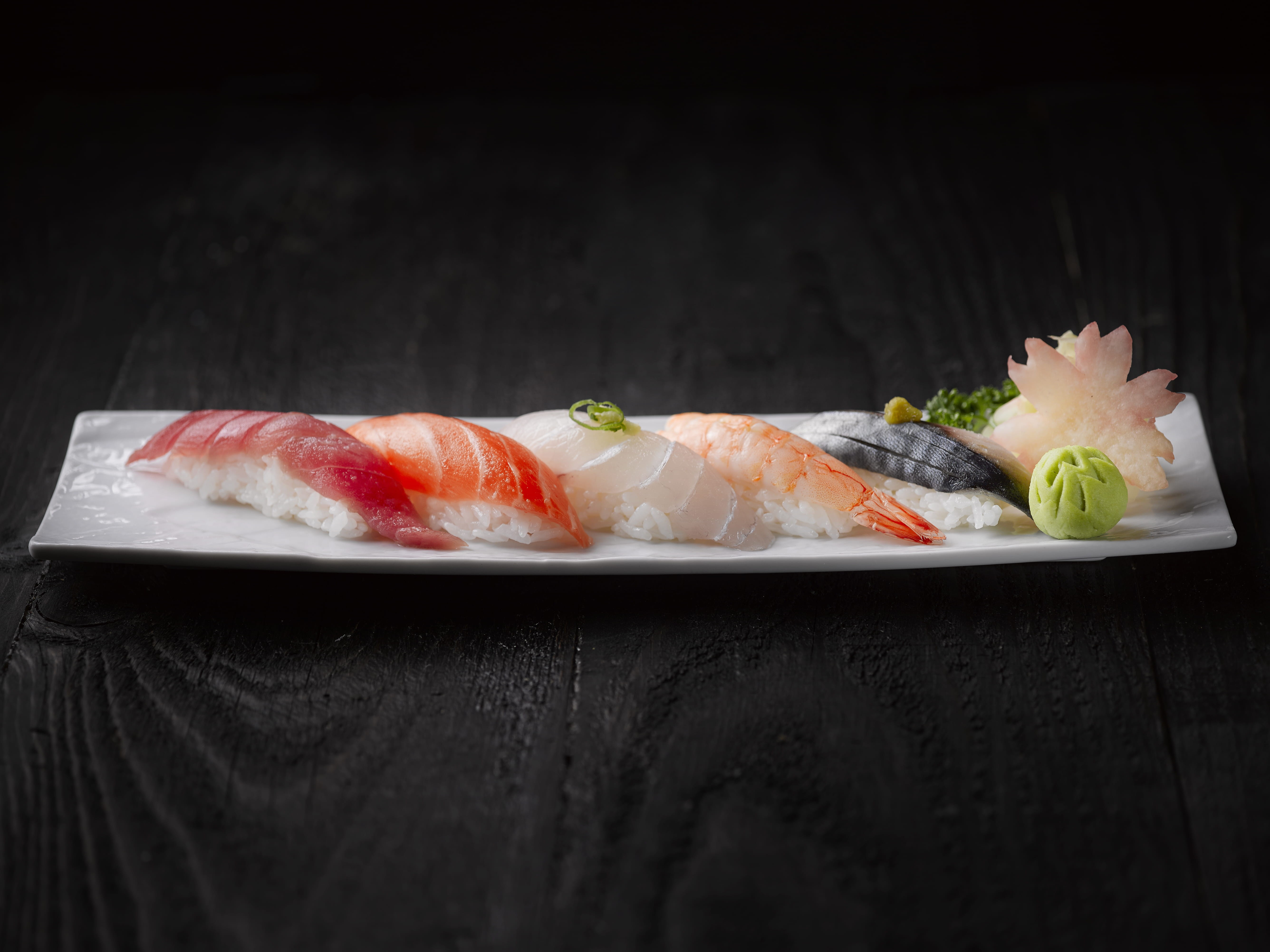 healthy eating, plate, rice, cuisine, black background, ready-to-eat, meat, japanese food, epicure, close-up, sushi, delicious, food, sashimi, dinner, 5K, HD Wallpaper