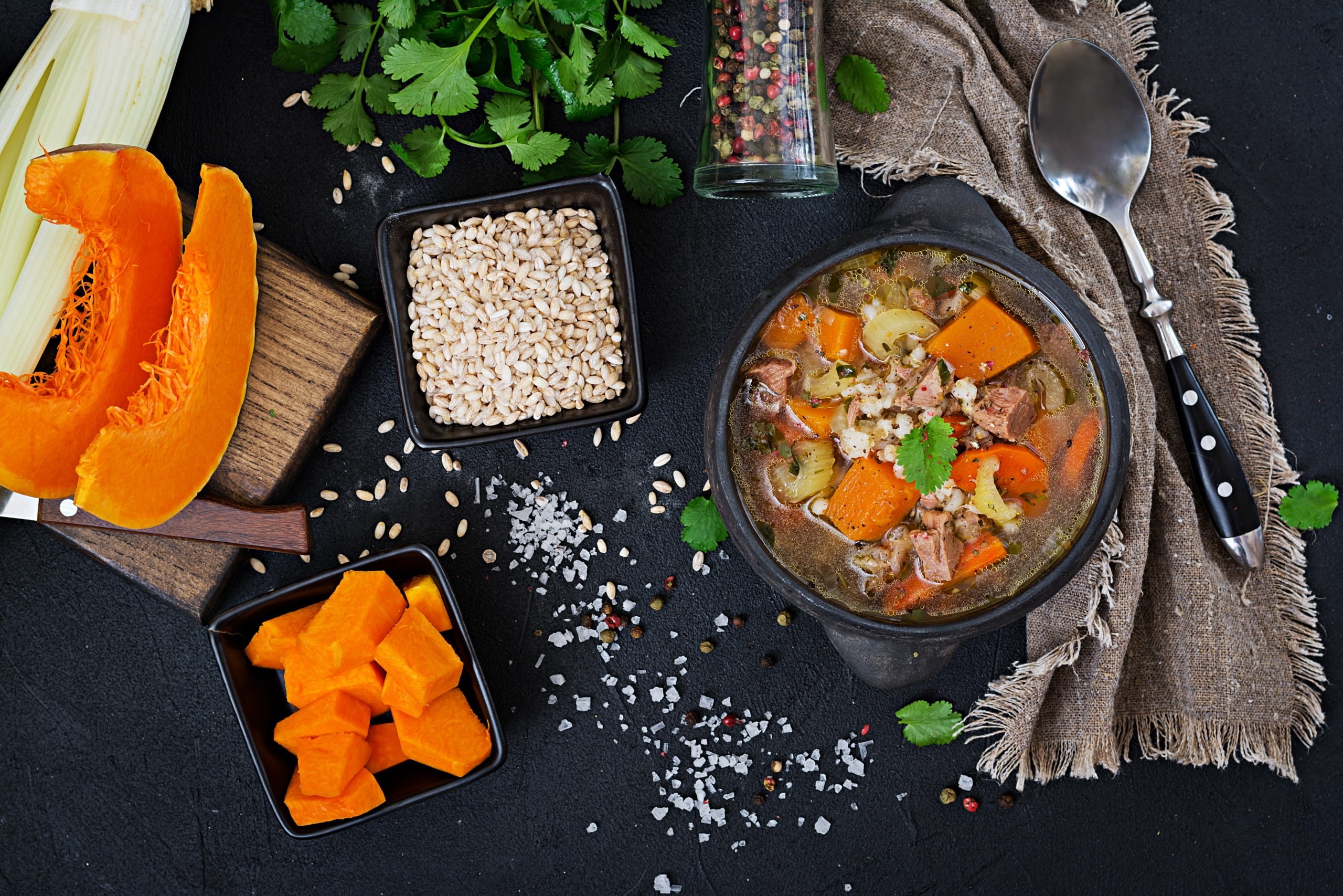 squash, spoon, 2K, parsley, soup, knife, Pepper, salt, food, rice, cutting board, celery, HD Wallpaper