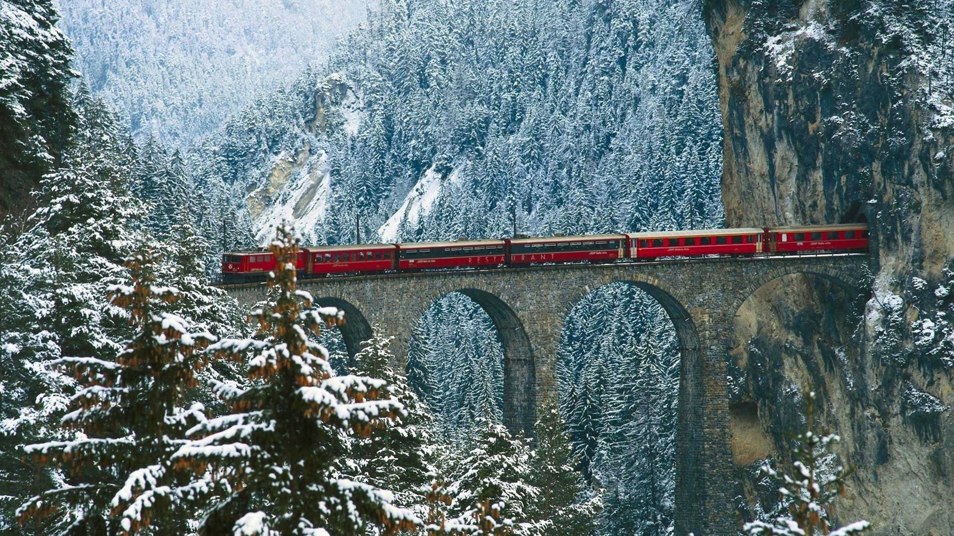 cliff, public transportation, snowing, train, plant, mountain pass, snow, bridge, nature, pine trees, cold temperature, architecture, bridge - man made structure, HD Wallpaper