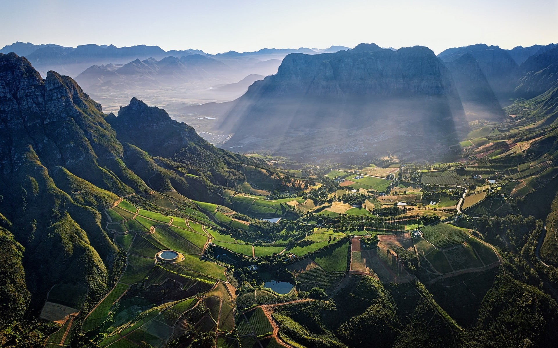 South Africa, photography, field, beauty in nature, nature, rural scene, morning, land, tranquil scene, crop, mountain, plant, pond, aerial view, no people, HD Wallpaper
