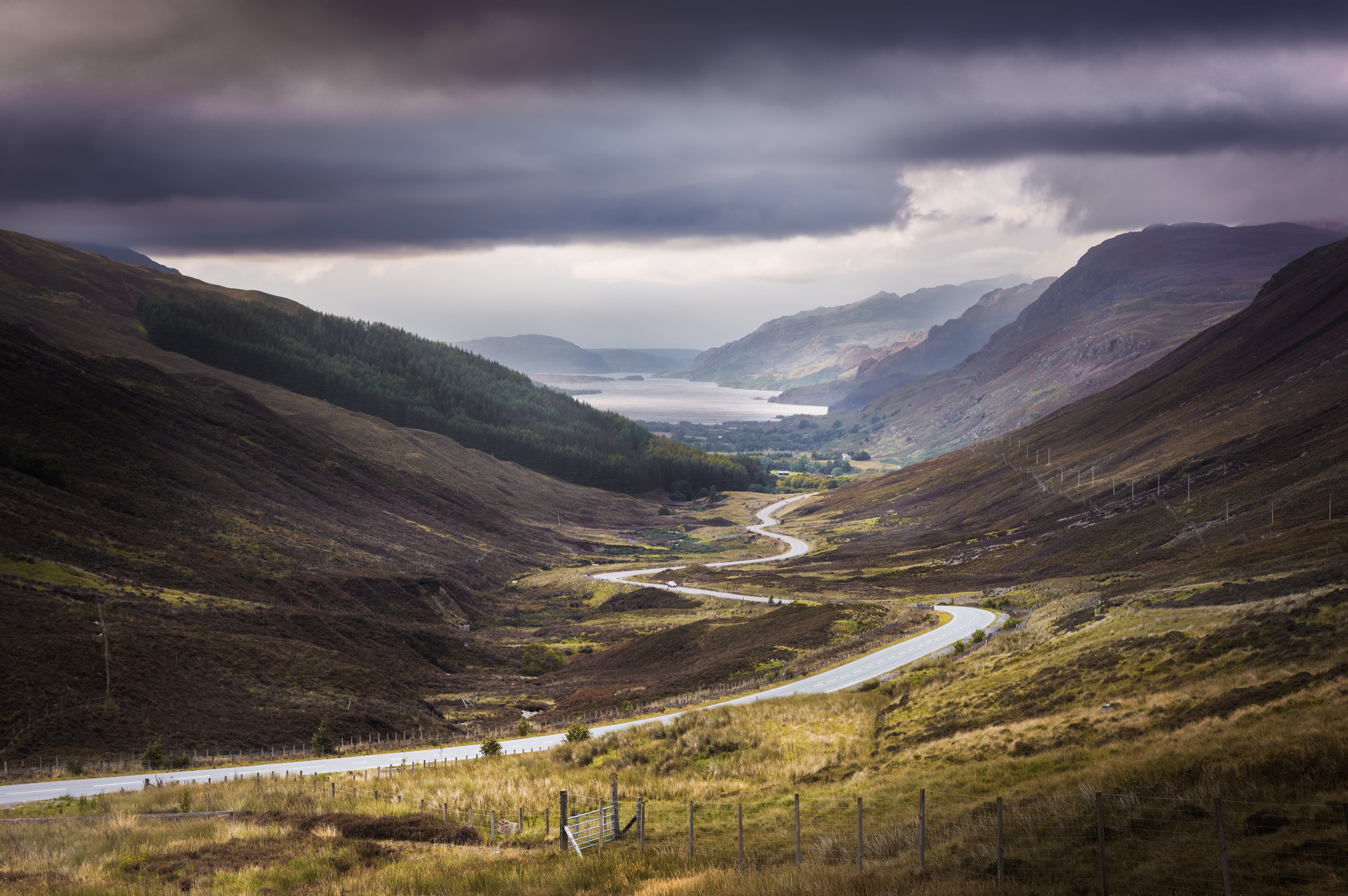 hill, dark, passing through, Loch Maree, passing, mountain, scenics, stormy, 5K, iceland, Glen Docherty, road, valley, Highlands  Scotland, cloud - Sky, HD Wallpaper