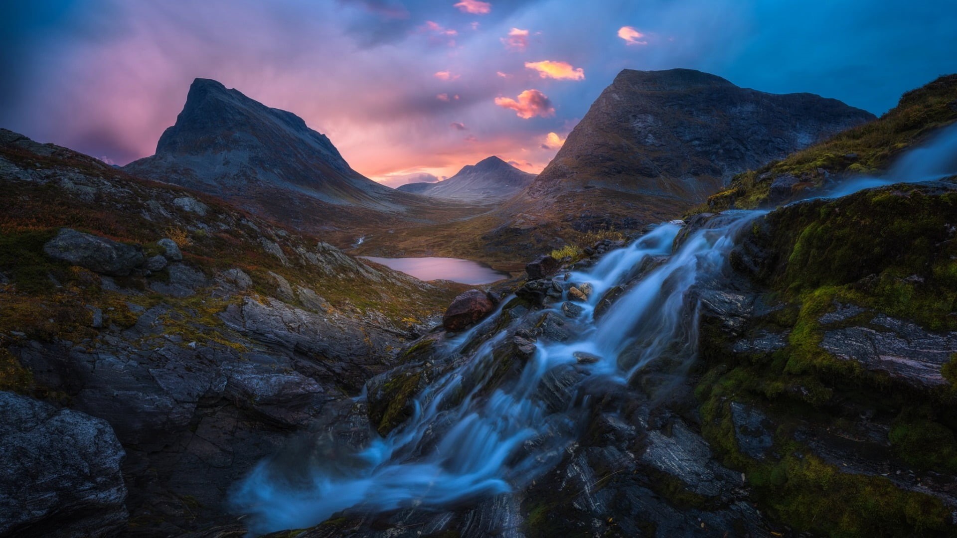 non-urban scene, no people, sunrise, formation, solid, waterfalls, sunset, tranquility, flowing water, mountain range, sky, mountain pass, rock - object, HD Wallpaper