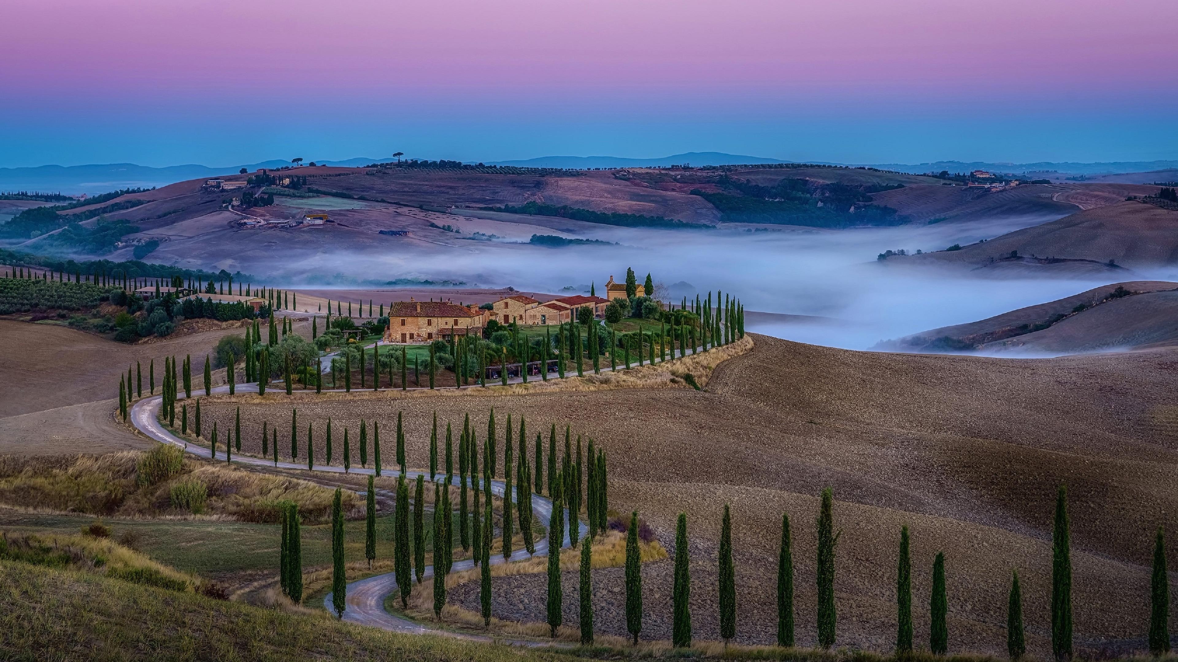 asciano, village, baccoleno, siena, fog, cypress, 4K, cypresses, mist, highland, valdorcia, rural area, picturesque, rolling hills, atmosphere, morning, HD Wallpaper