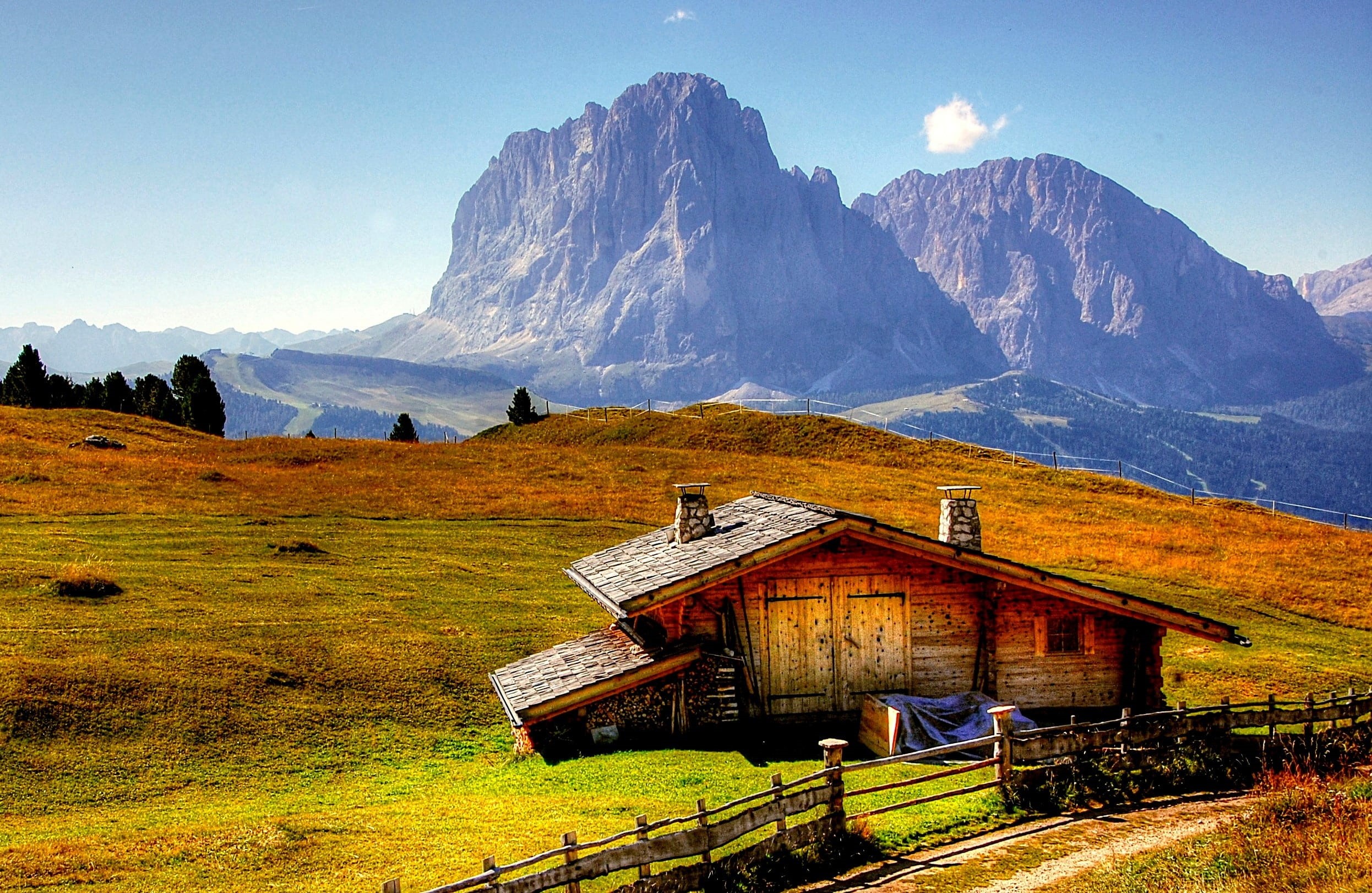 landscape photography, alpine, wooden, tranquil scene, rock, beside, alm, south tyrol, summer, photography, outdoors, blue, 1080P, plant, built structure, HD Wallpaper