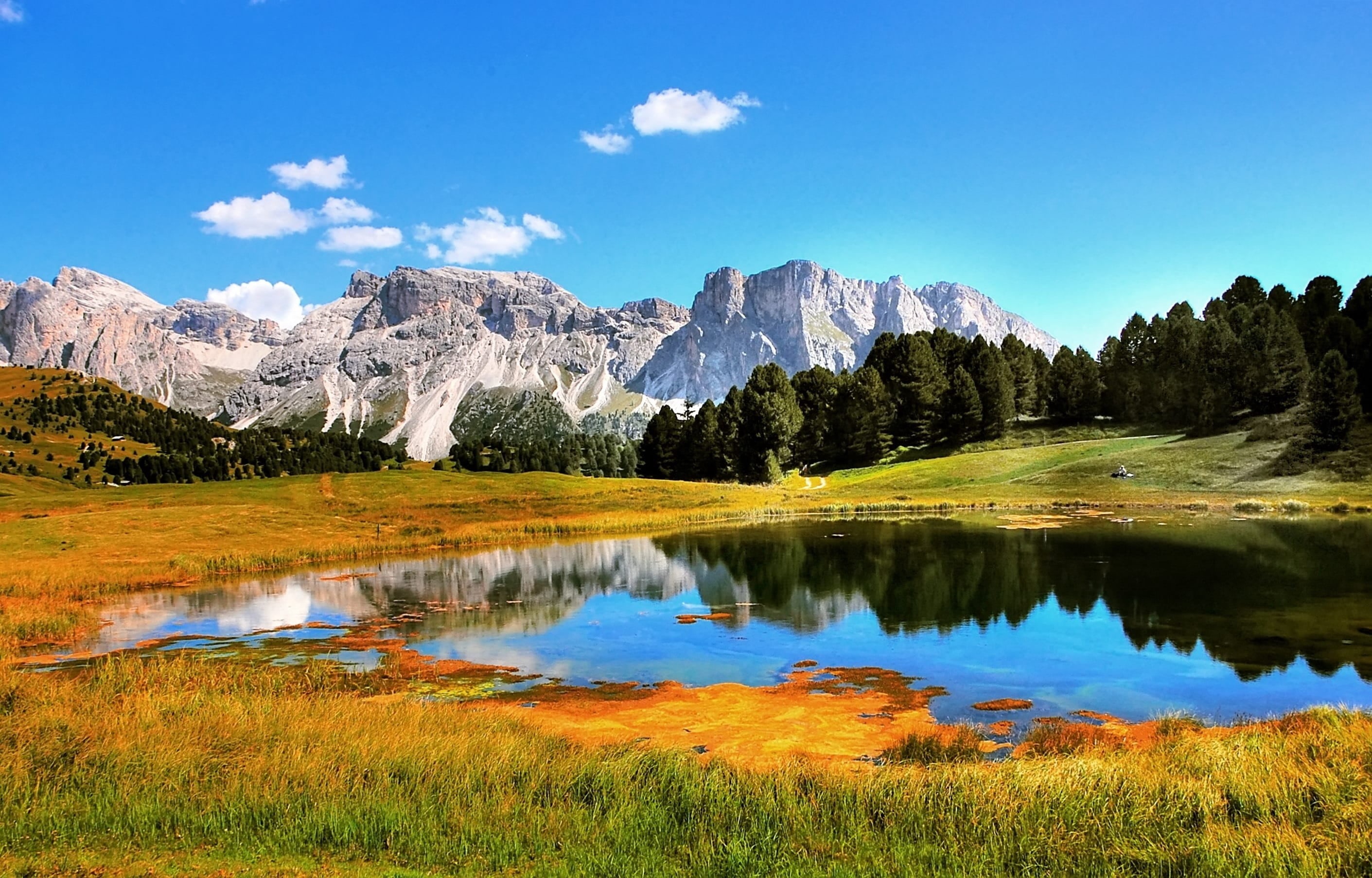 scenics, geisler range, tranquil scene, water, alpine, no people, great, beauty in nature, trees, nature, landscape, mountain, snowcapped mountain, wilderness, HD Wallpaper
