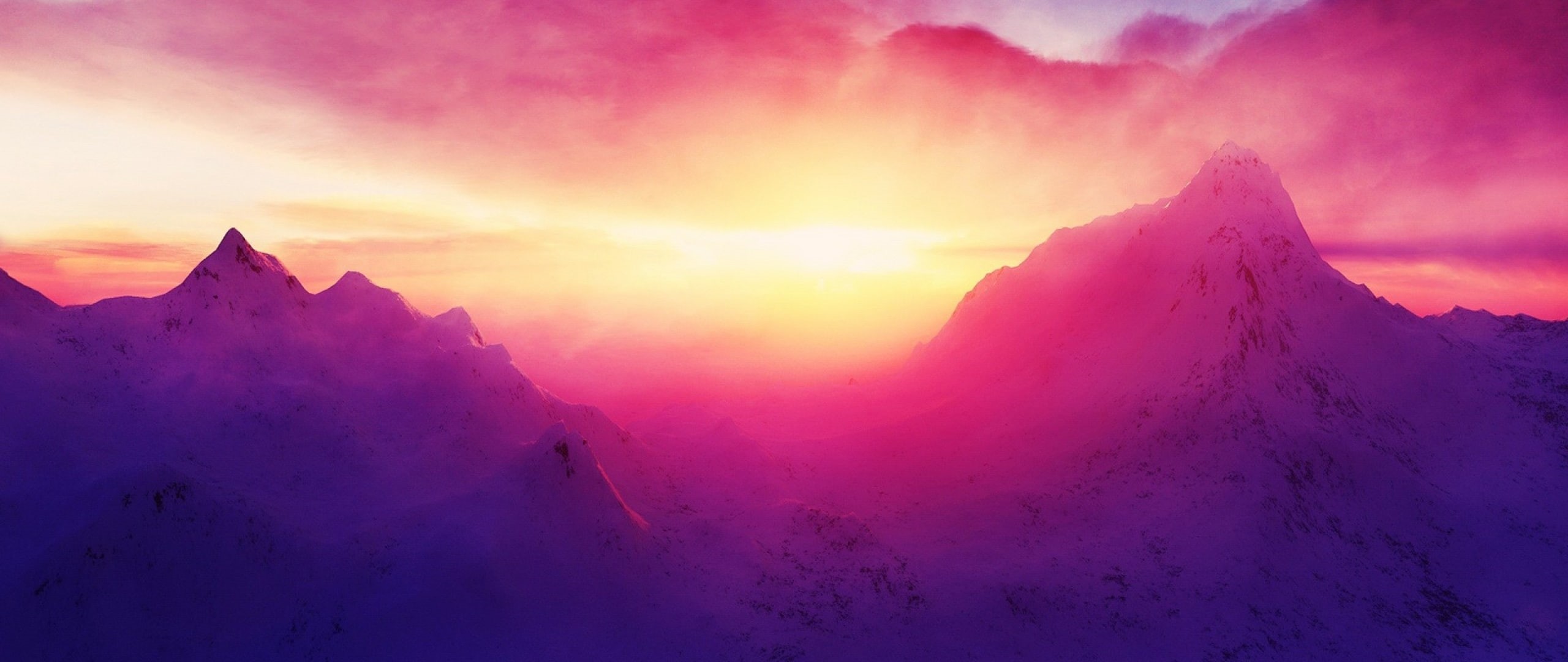 tranquility, 2K, mountain peak, majestic, sunset, pink color, sun, nature, beauty in nature, environment, scenics - nature, tranquil scene, photography, HD Wallpaper