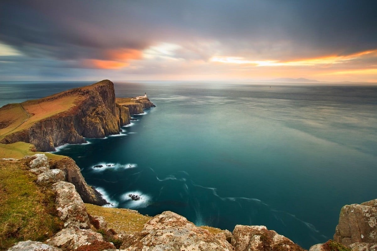 tranquility, nature, solid, rocky coastline, sky, environment, lighthouse, photography, overlooking, Neist Point, scenics - nature, cliff, UK, rock - object, HD Wallpaper