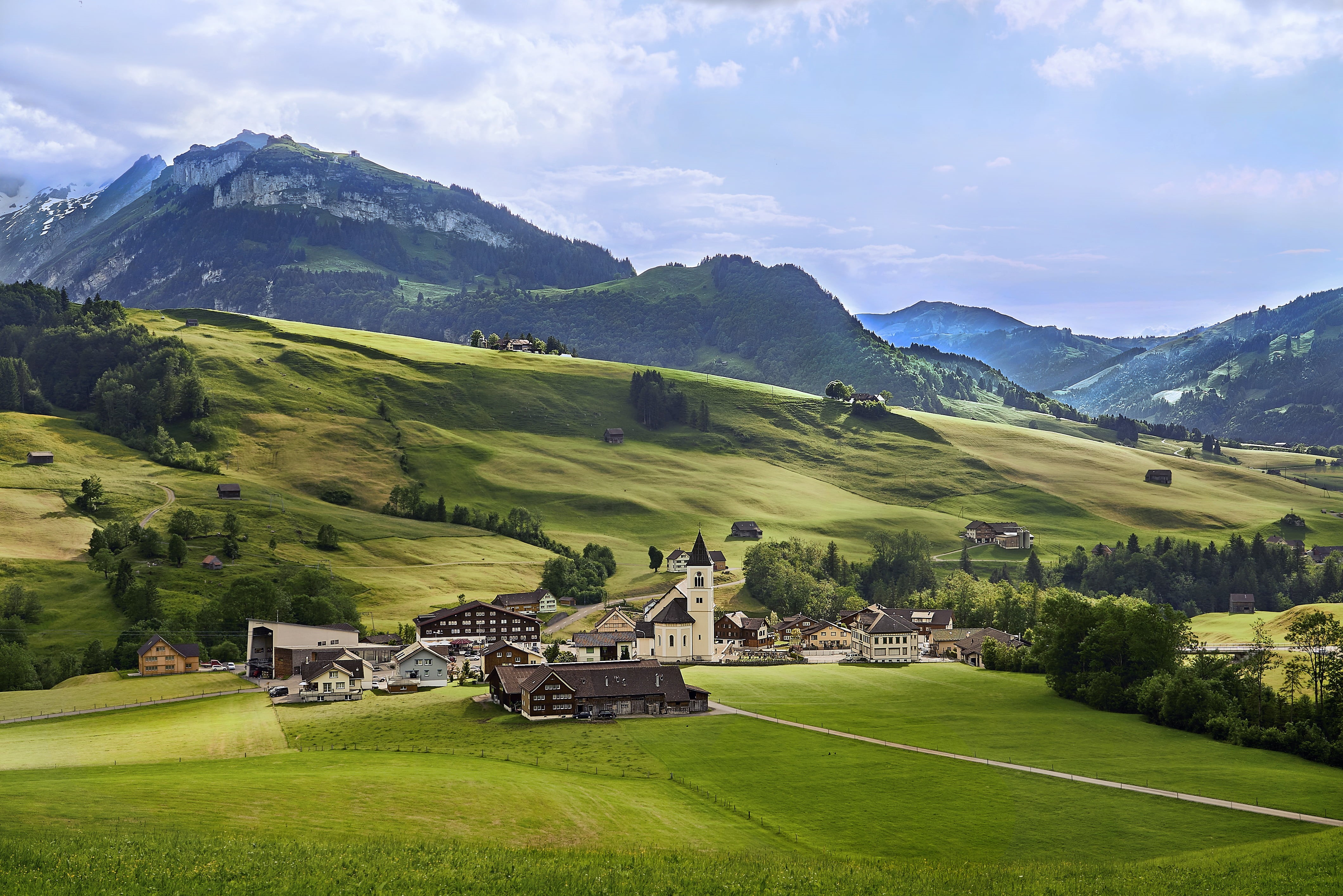 grass, land, mountain, F4, european Alps, along, house, italy, license, Switzerland, terrain, Zeiss, sky, cc, scape, nature, palins, outdoors, green, meadow, HD Wallpaper