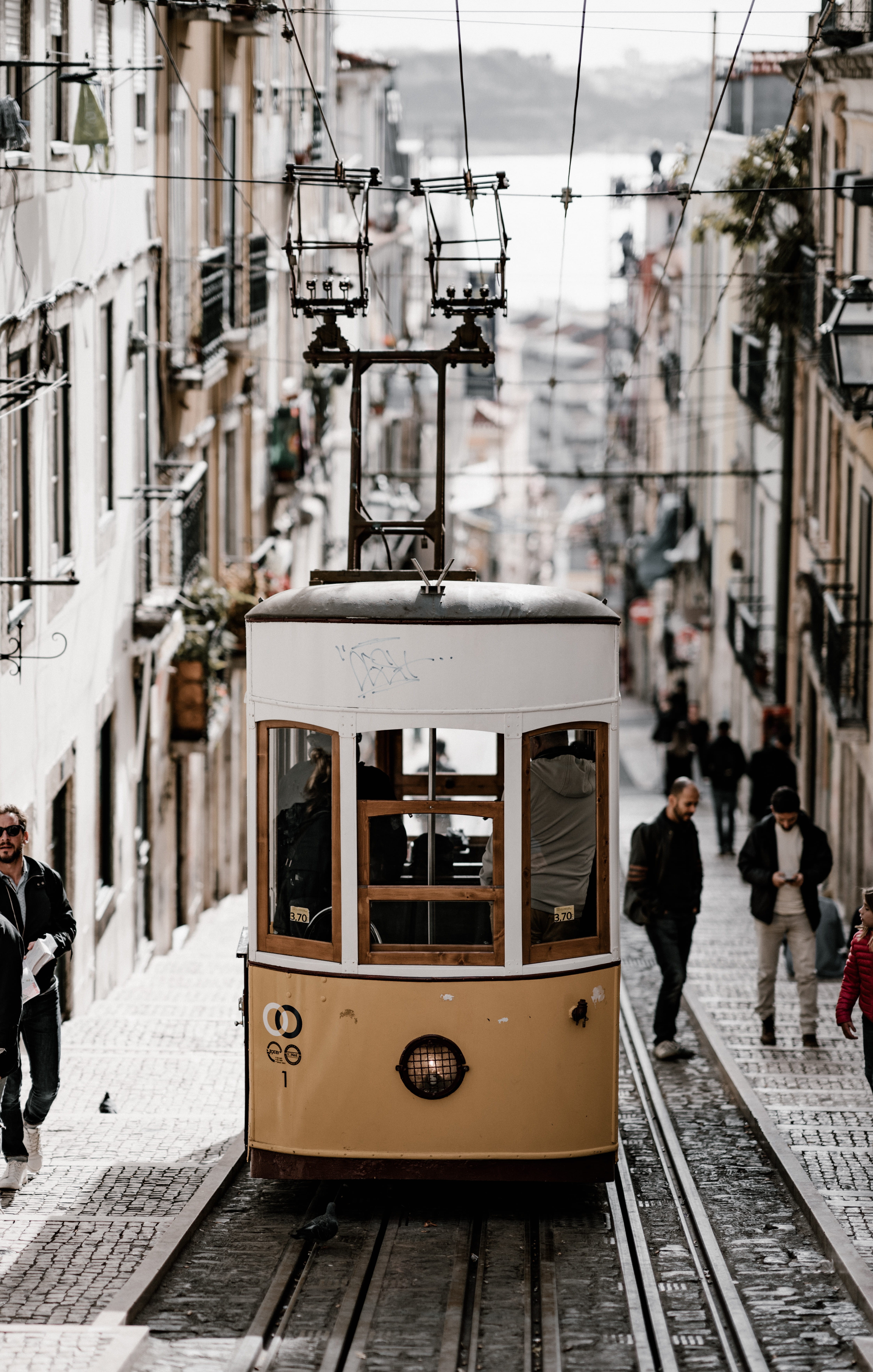 travel, buildings, architecture, lisbon, transportation, cable car, tram, vehicular tram, house, street, home, mode of transportation, day, brown, residential, Phone HD Wallpaper