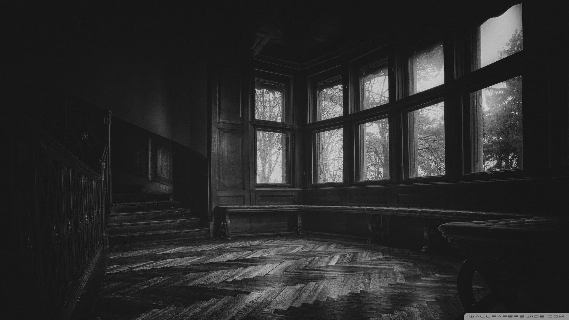 absence, monochrome, glass, wooden floor, stairs, run-down, building, home interior, deterioration, clear, wood - material, panel, domestic room, 1080P, HD Wallpaper