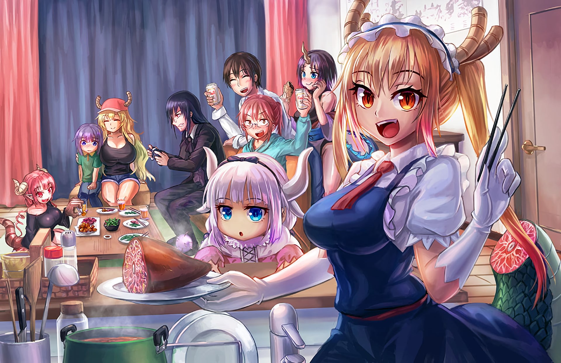 Fafnir (Kobayashi-san Chi no Maid Dragon), Kanna Kamui (Kobayashi-san Chi no Maid Dragon), Tohru (Kobayashi-san Chi no Maid Dragon), Takiya Makoto, Kobayashi (Kobayashi-san Chi no Maid Dragon), HD Wallpaper