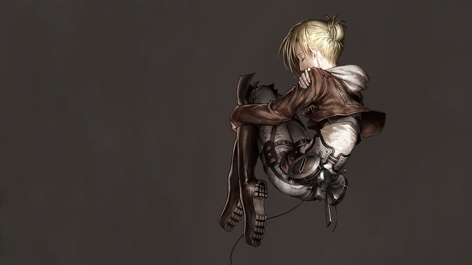 gray background, hanging, close-up, hair, studio shot, titans, Leonheart Annie, hairstyle, art and craft, anime, attack, Shingeki no Kyojin, HD Wallpaper