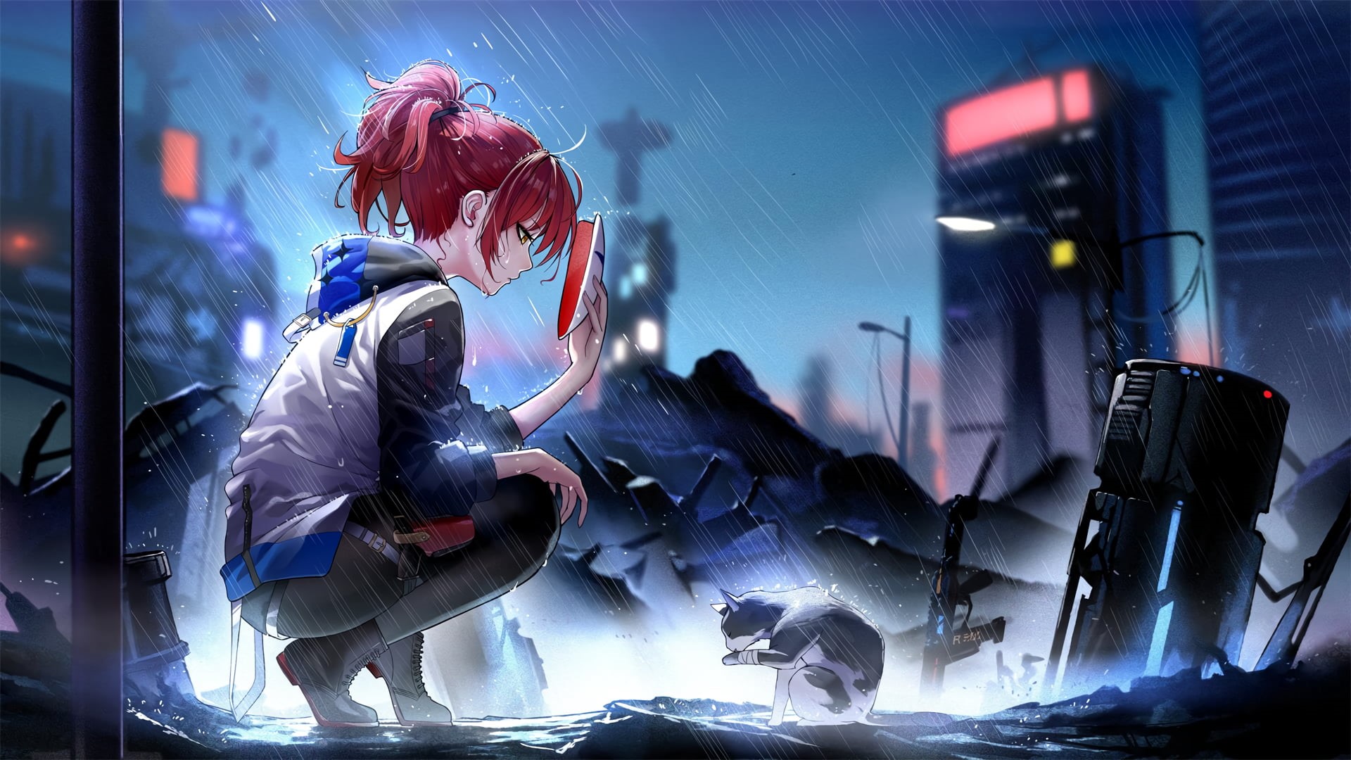 rain, yellow eyes, anime girls, anime, short hair, cats, 1080P, weapon, redhead, Arknights, ruins, HD Wallpaper