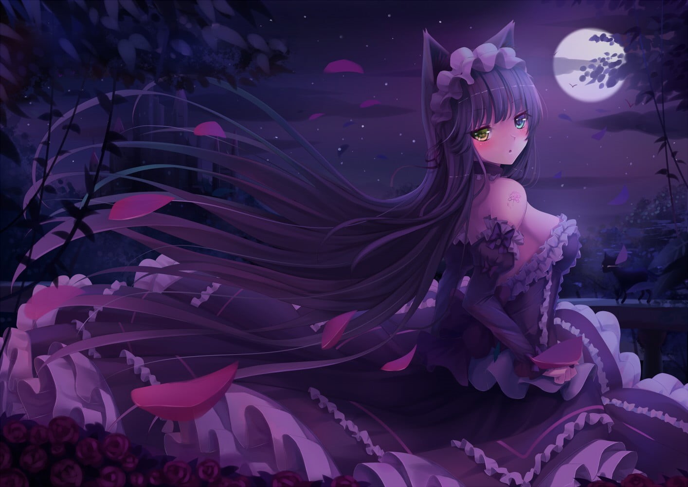 plant, no people, sculpture, long hair, animal ears, human representation, representation, water, sea, night, purple, nekomimi, creativity, green eyes, HD Wallpaper