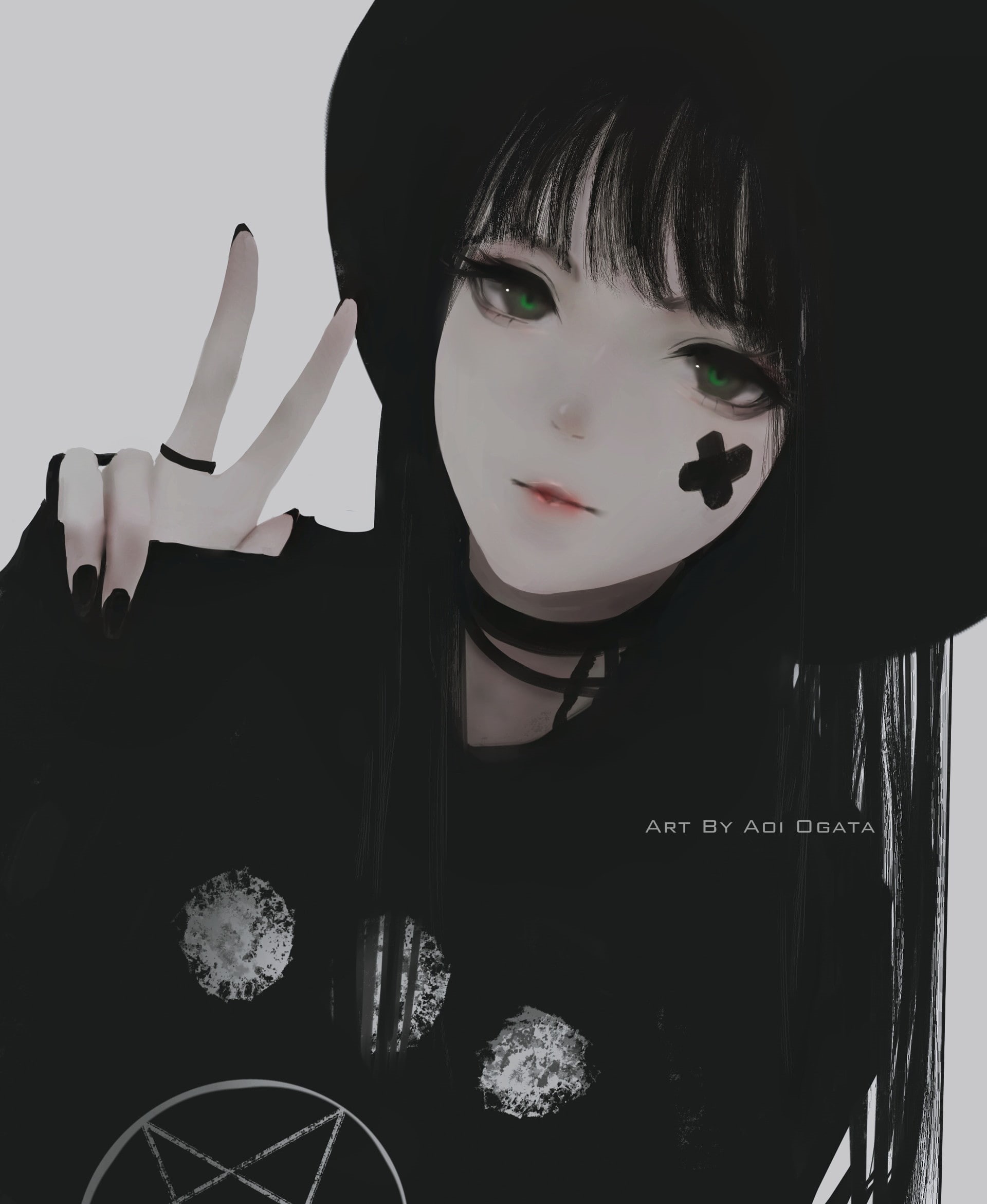 hate, chan, Black Hair, Peace Sign, women, hat, artwork, 1080P, Aoi Ogata, Phone HD Wallpaper