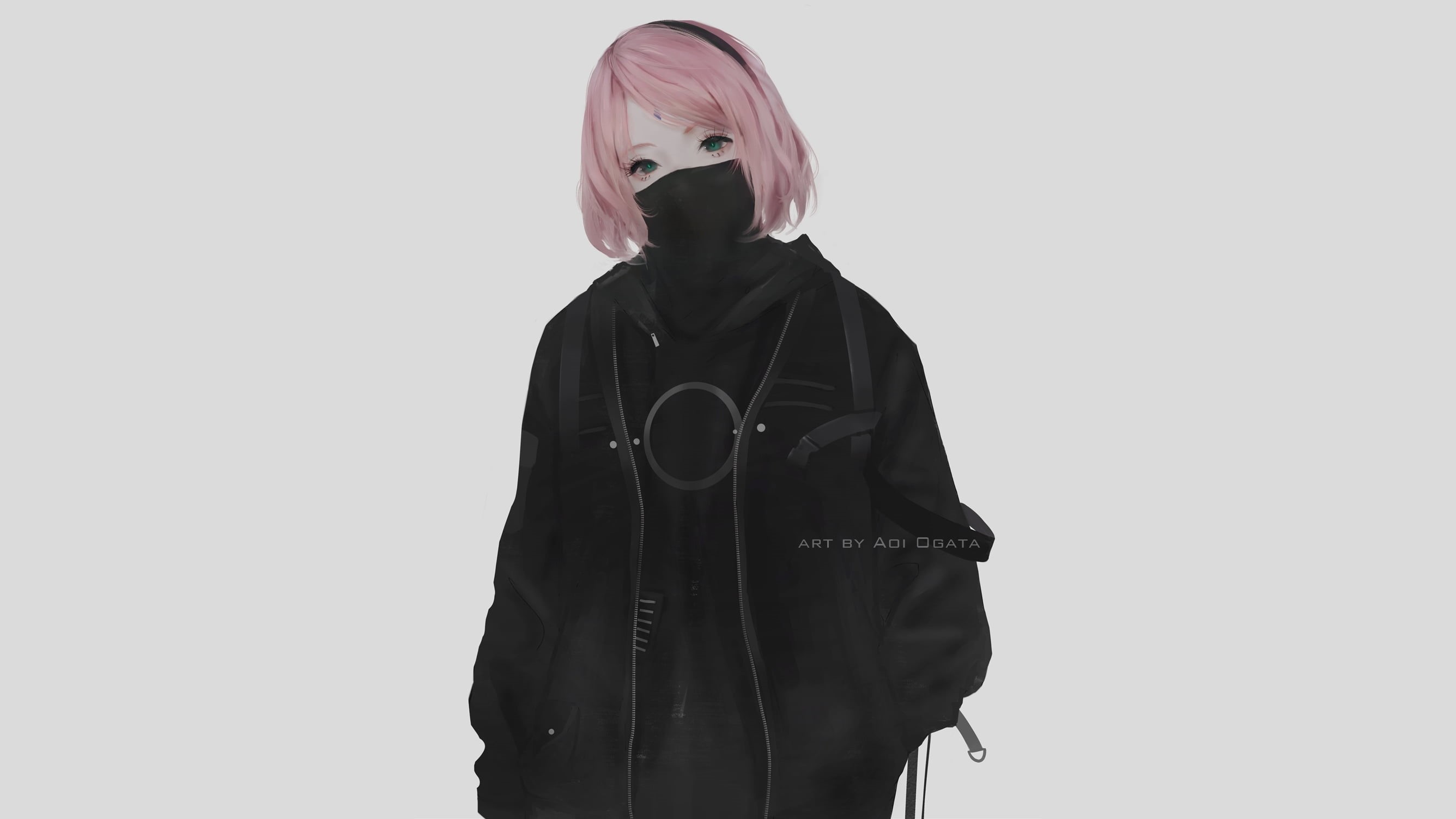 women, Aoi Ogata, fan art, 2K, Naruto Shippuuden, minimalism, gray background, anime girls, covered face, jacket, Haruno Sakura, simple background, Naruto, HD Wallpaper