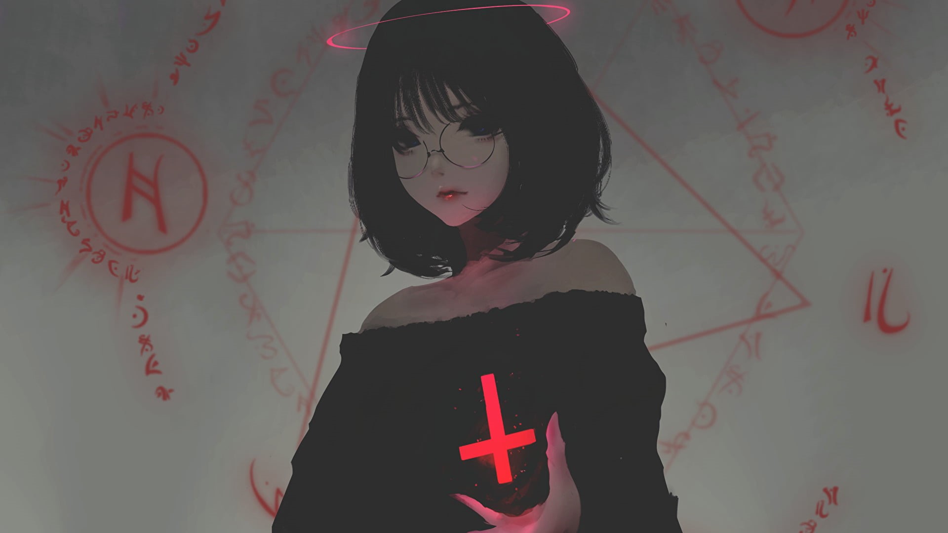 cross, Aoi Ogata, women with glasses, artwork, women, runes, black hair, 1080P, HD Wallpaper