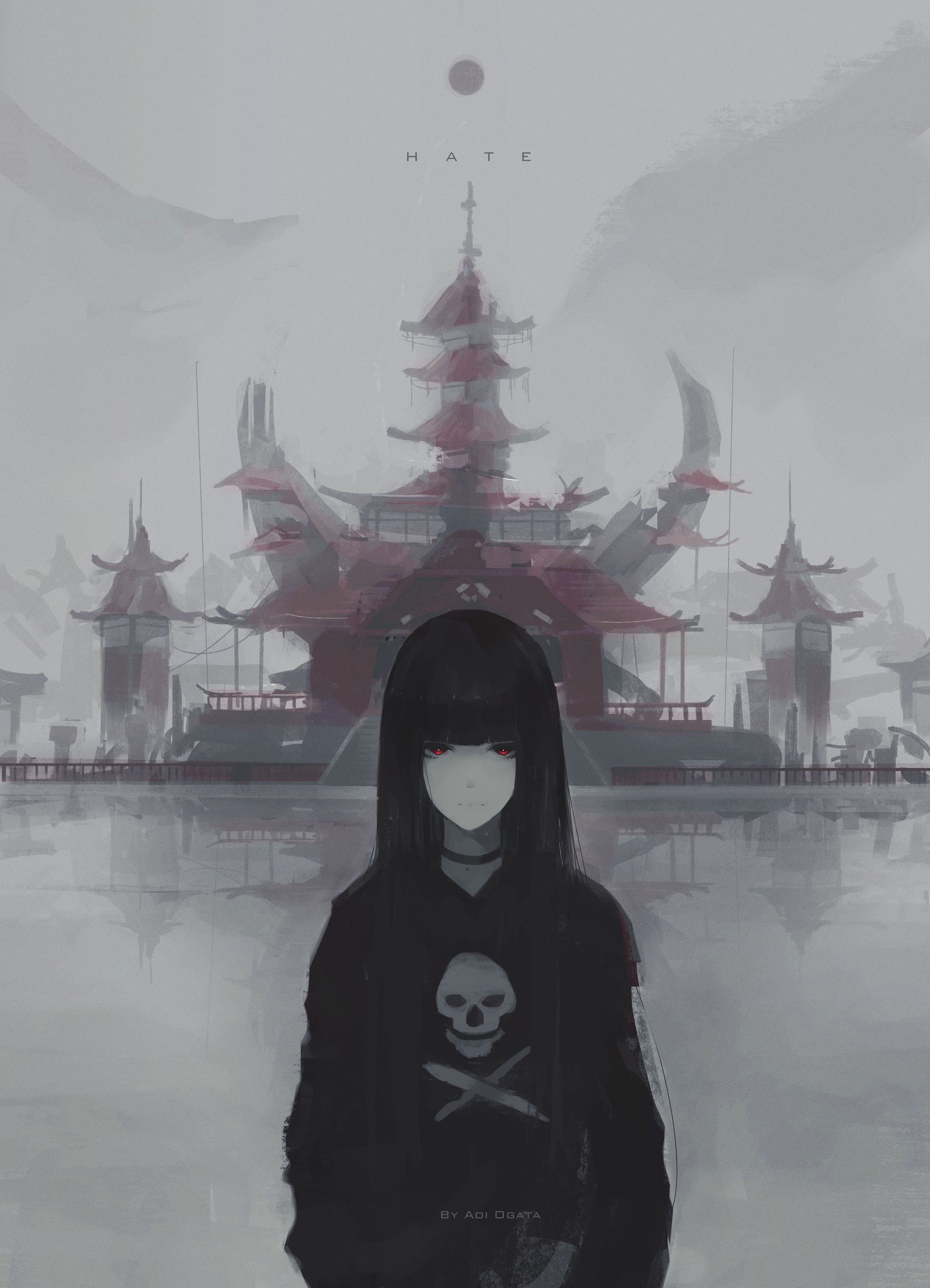 Aoi Ogata, black hair, 2K, artwork, red eyes, anime girls, skull, digital art, Phone HD Wallpaper