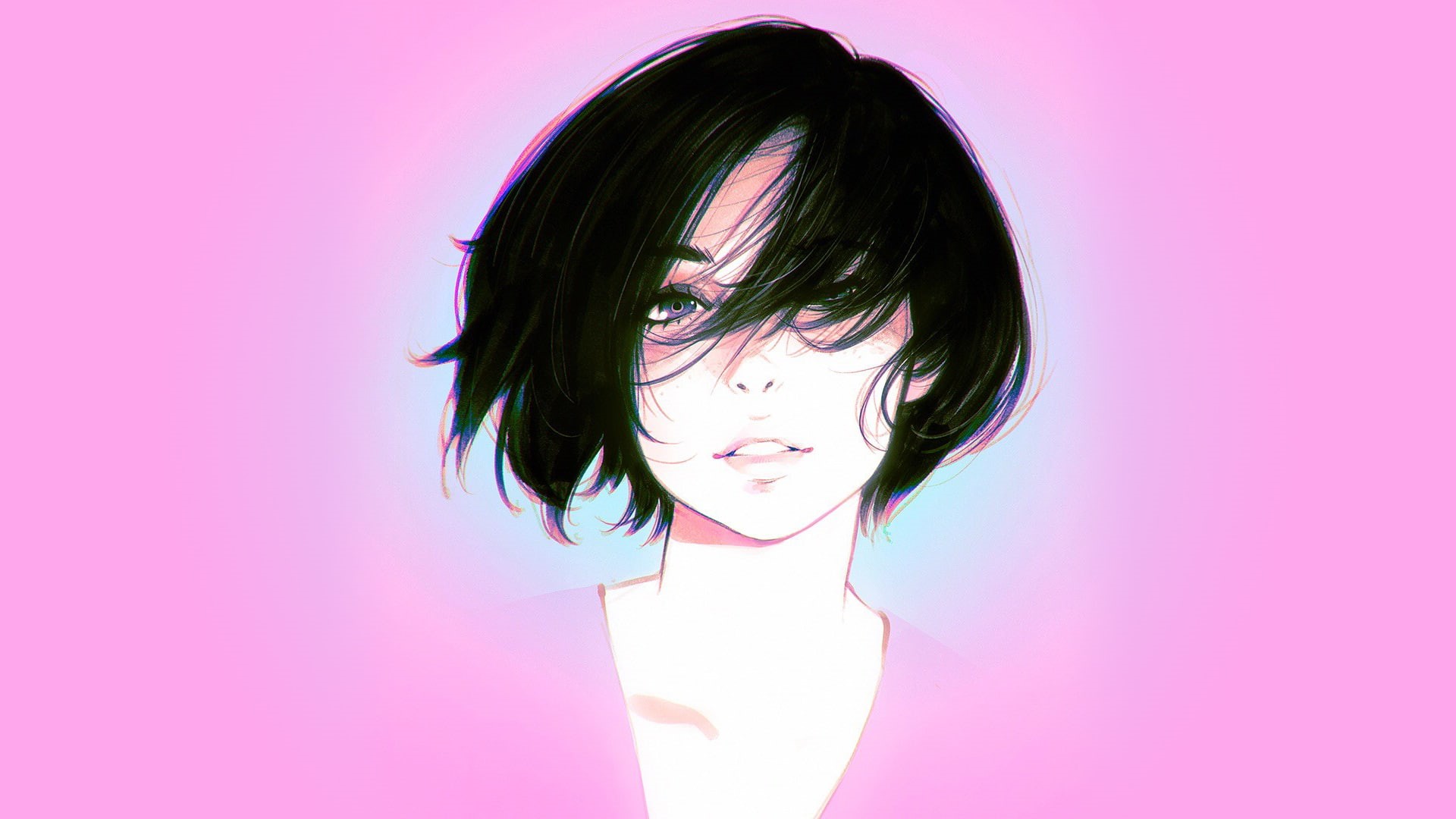 studio shot, Ilya Kuvshinov, illustration, pink background, front view, child, human face, 1080P, hairstyle, indoors, original characters, pink color, HD Wallpaper