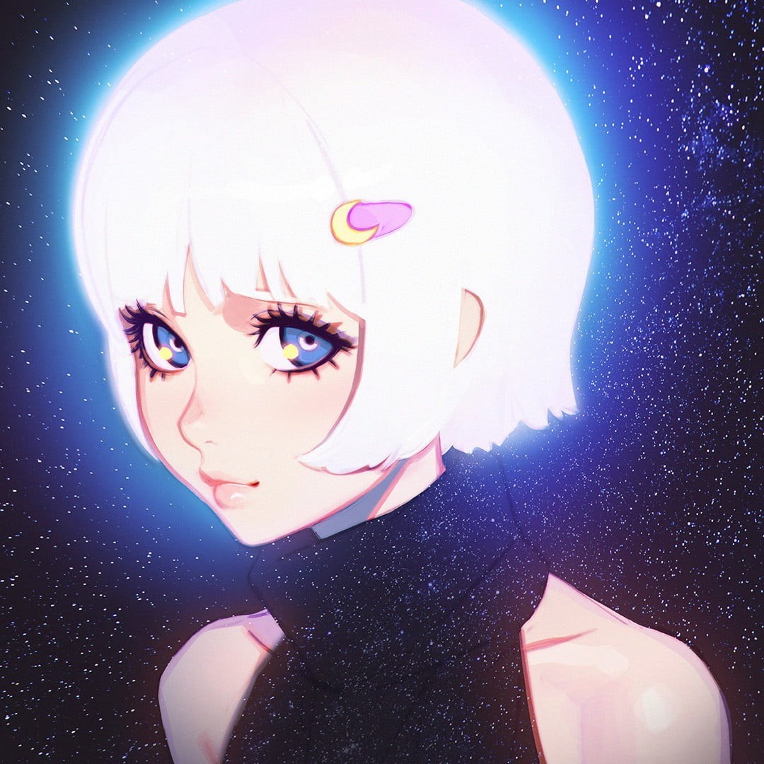 young women, 480P, portrait, one person, human face, digital composite, young adult, Ilya Kuvshinov, print, space, white, indoors, astronomy, women, close-up, Phone HD Wallpaper
