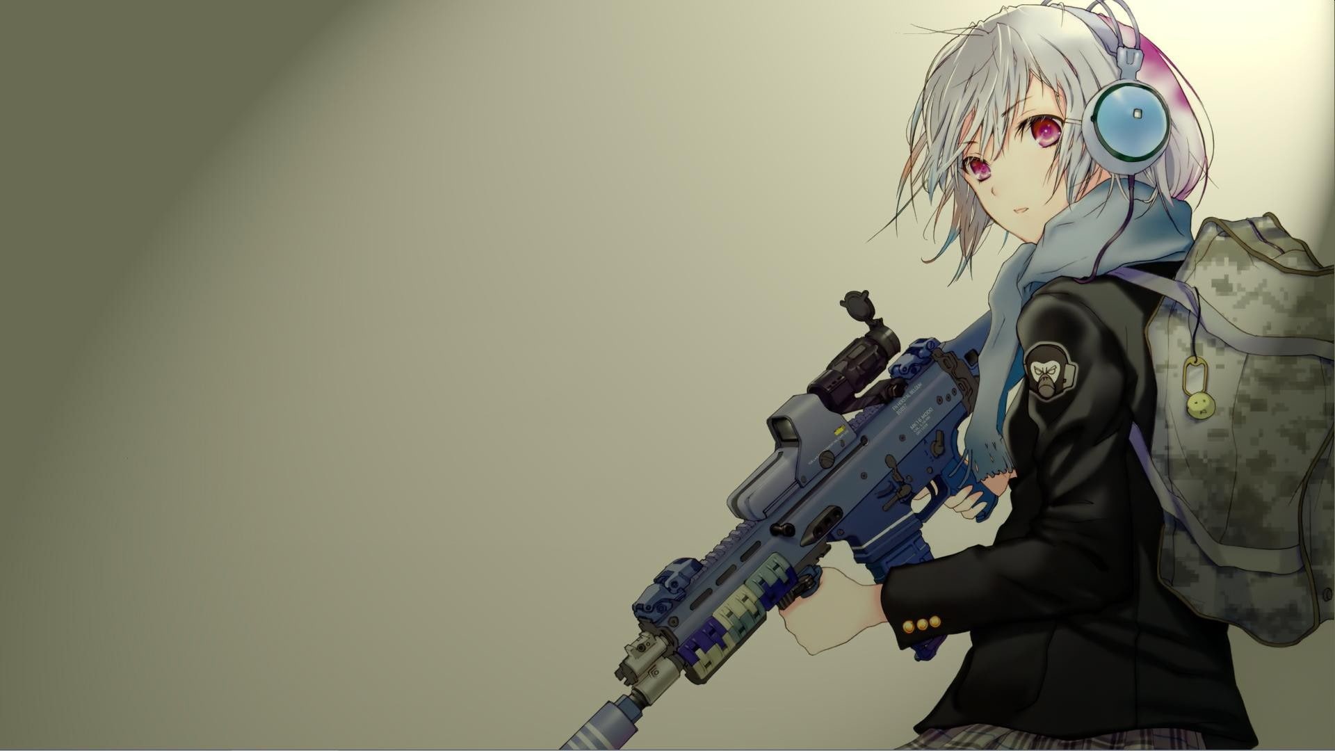 anime girls, gun, 1080P, original characters, Survivor, anime, weapon, headphones, HD Wallpaper