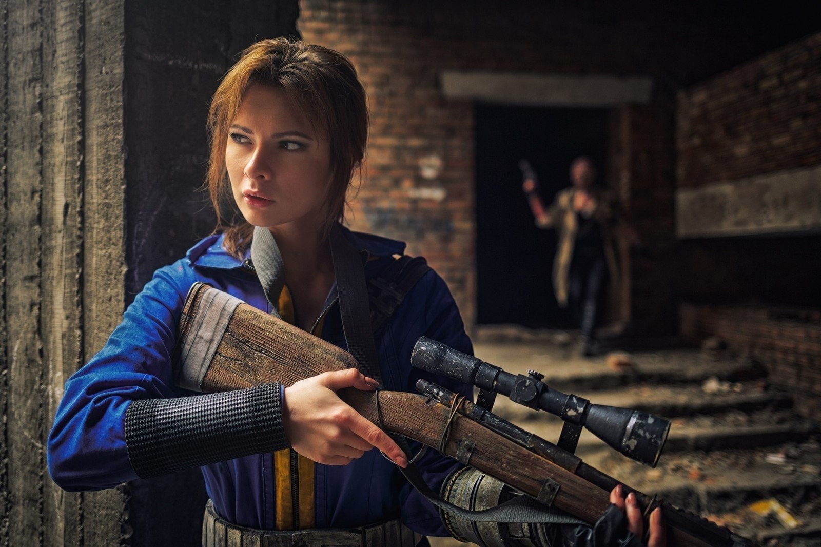 Cosplay, arts culture and entertainment, young adult, brick wall, beautiful woman, looking at camera, Sole Survivor (Fallout 4), one person, front view, HD Wallpaper
