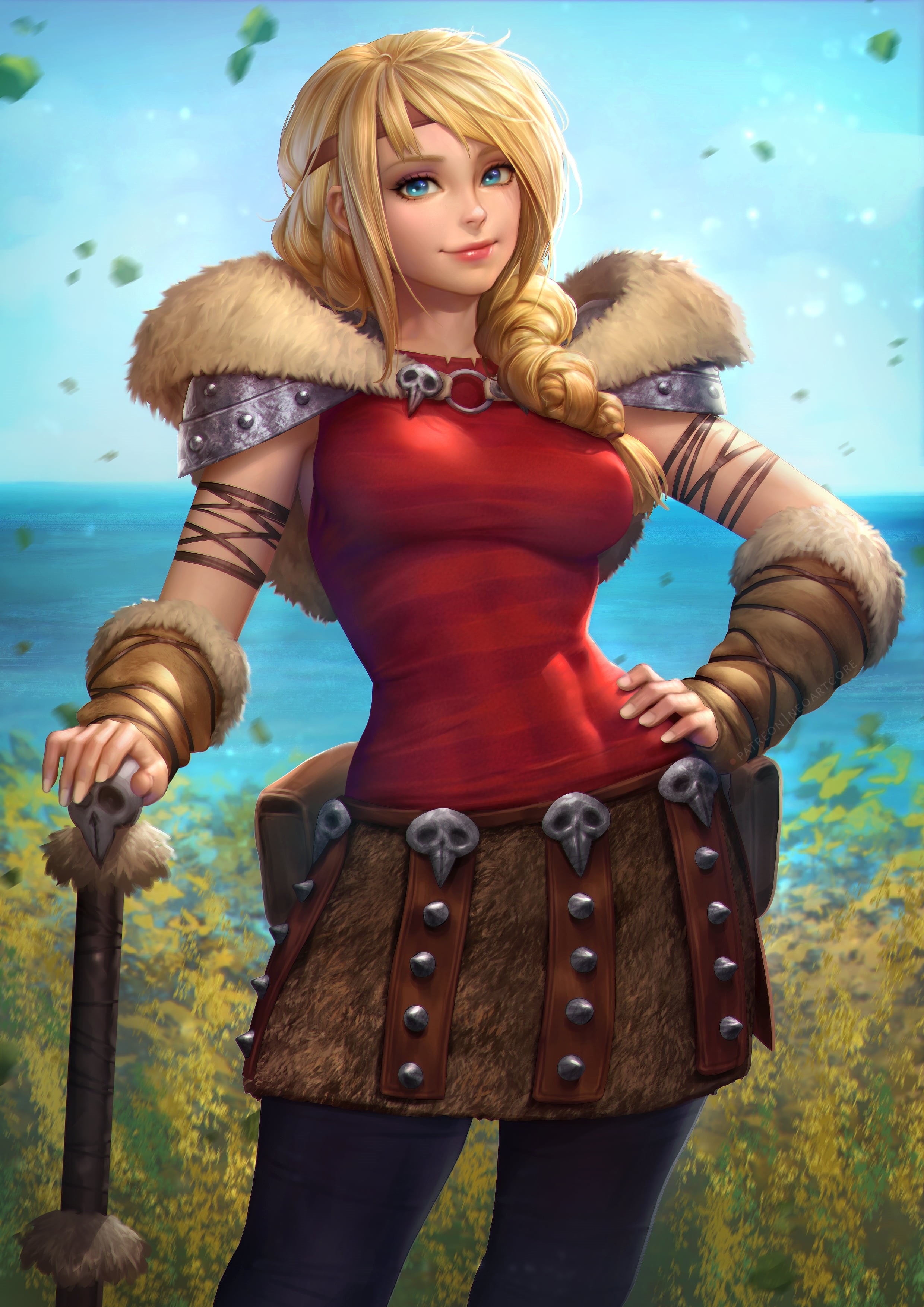 blonde, vertical, blue eyes, portrait display, How to Train Your Dragon, armor, women, digital art, movies, 2K, artwork, smiling, headband, illustration, Phone HD Wallpaper